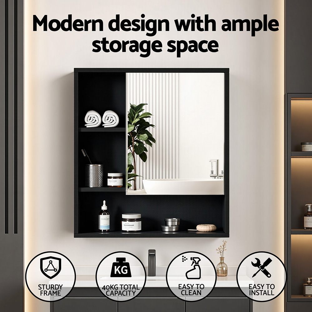 Cefito Bathroom Mirror Cabinet Mirrored Medicine Adjustable Shelf Wall Mounted 560mm Black