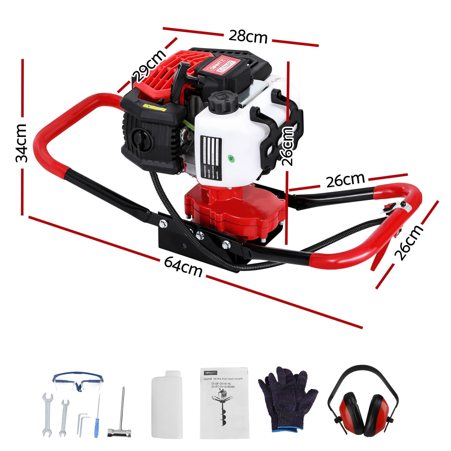 Post Hole Digger Petrol Engine 65CC Heavy Duty Steel Red