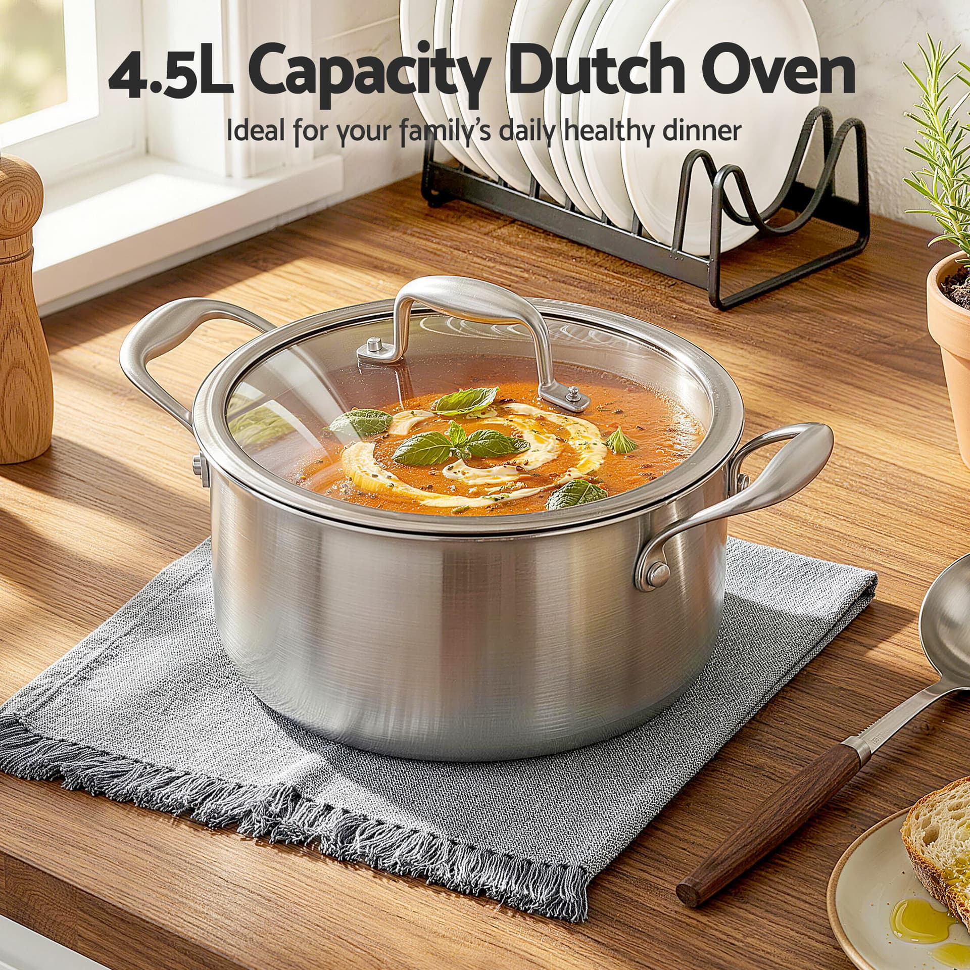 5-Star Chef 4.5L 24cm Stainless Steel Dutch Oven Pot with Lid and Stay-Cool Handle