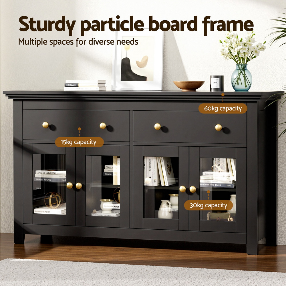 Artiss Buffet Sideboard Storage Cabinet Kitchen Cupboard Clear Door Drawer Black