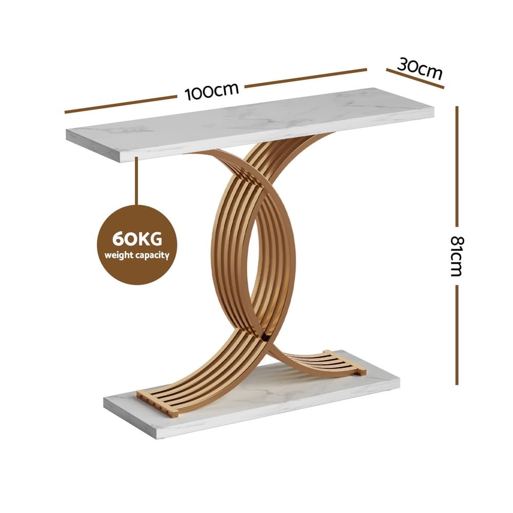 Console Table Faux Marble Design 100cm White and Gold