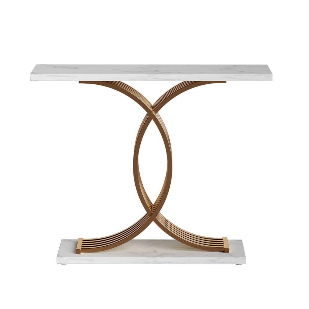 Console Table Faux Marble Design 100cm White and Gold