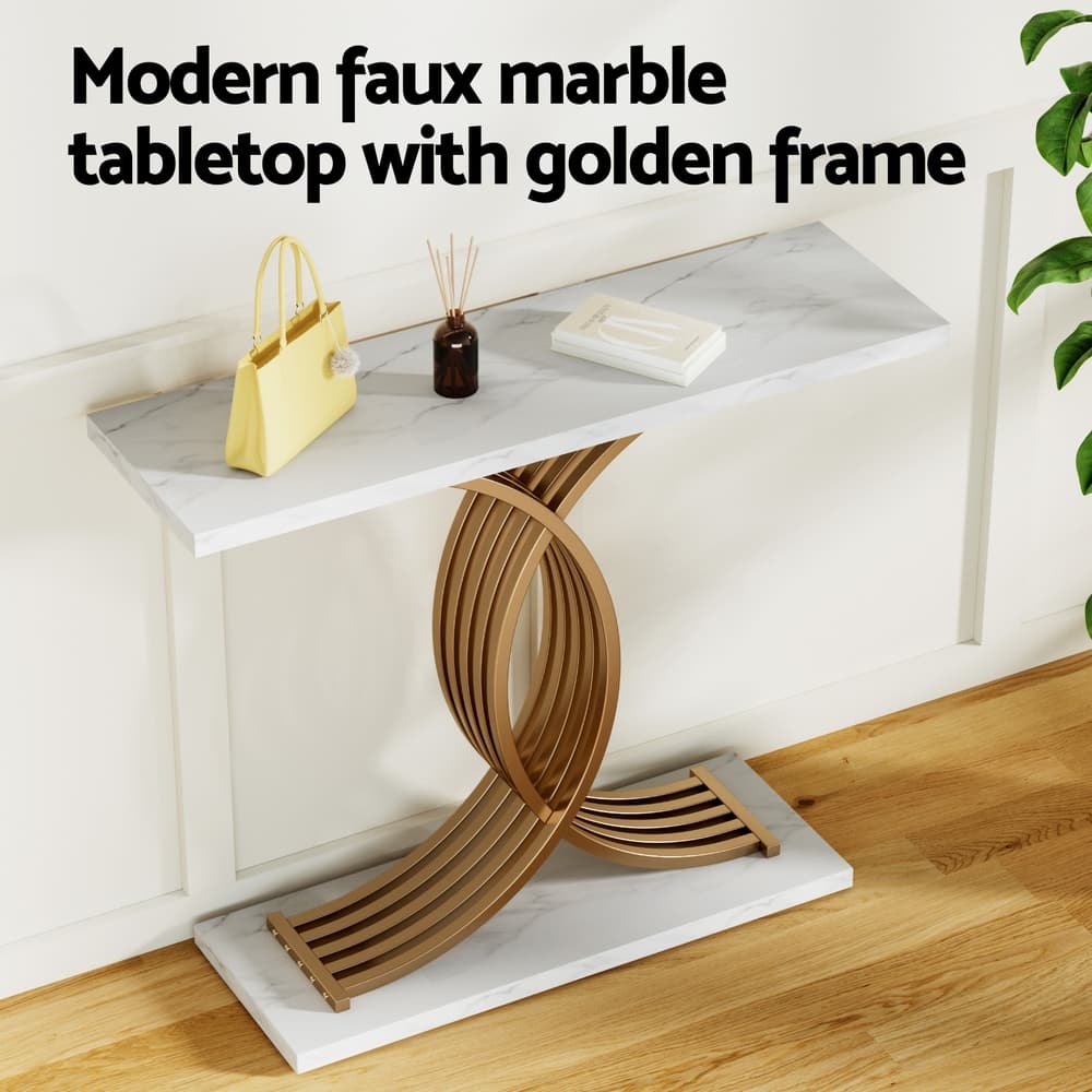 Console Table Faux Marble Design 100cm White and Gold