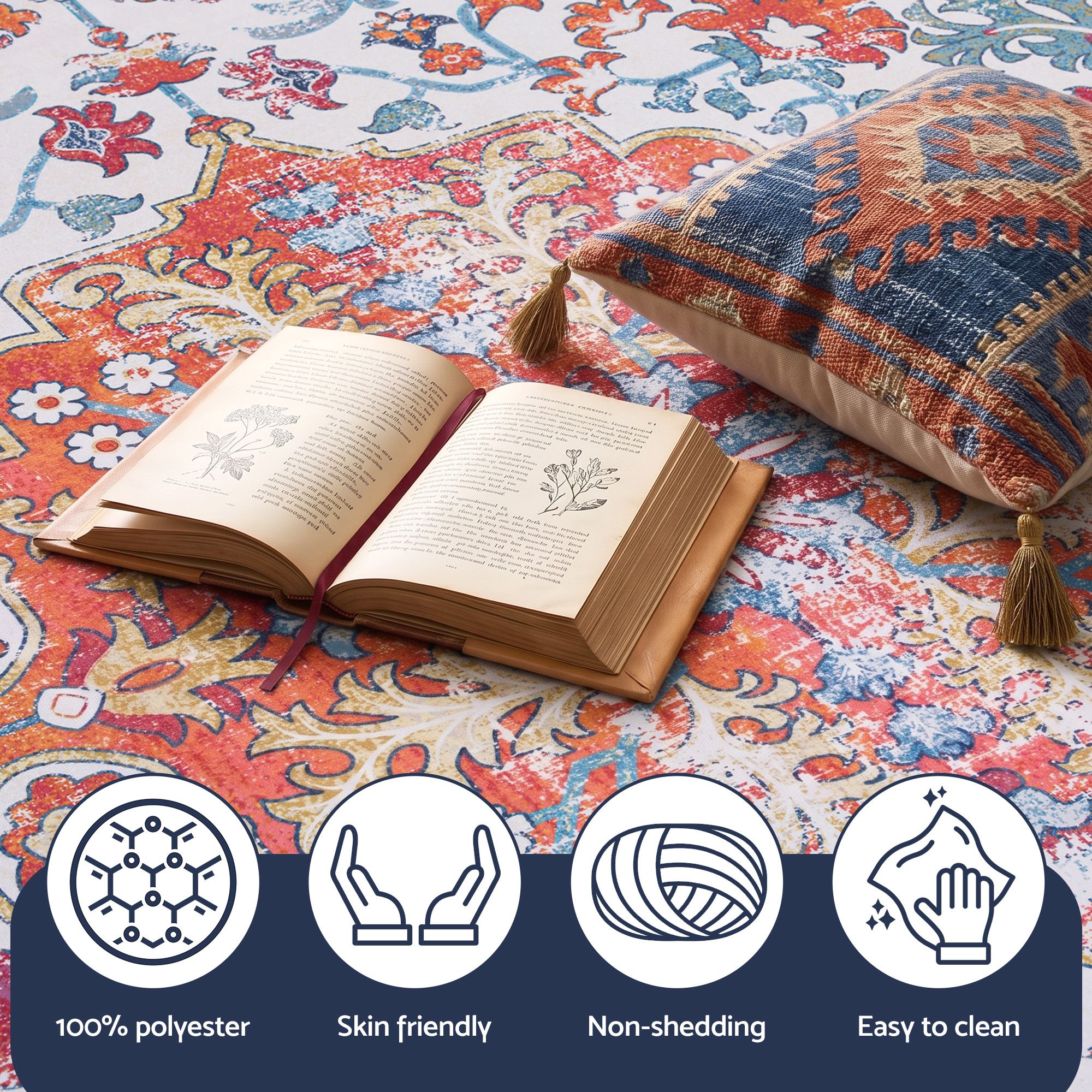 Artiss 120 cm Round Rugs for Living Room With Silicone Dots Grip For Bedroom Entryway 5mm Ultra Thin Foldable Machine Washable Vintage Boho Floor Carpet