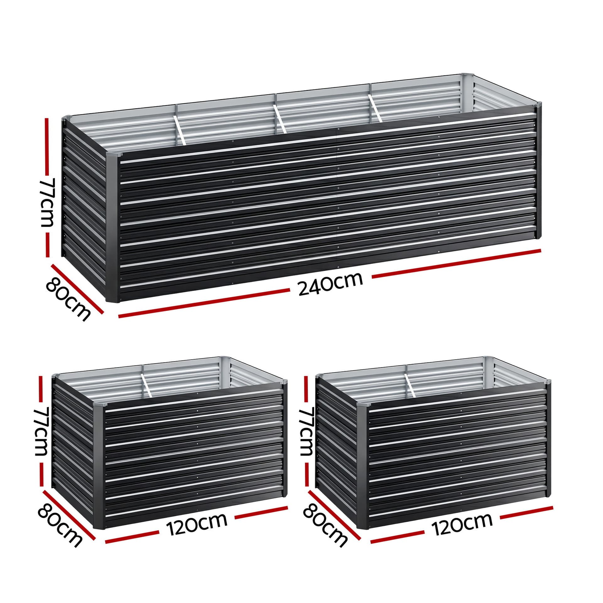 Raised Garden Bed Kit 2-in-1 Ergonomic 240cm Aluminium Grey Galvanised Steel Planter Box Extra Deep
