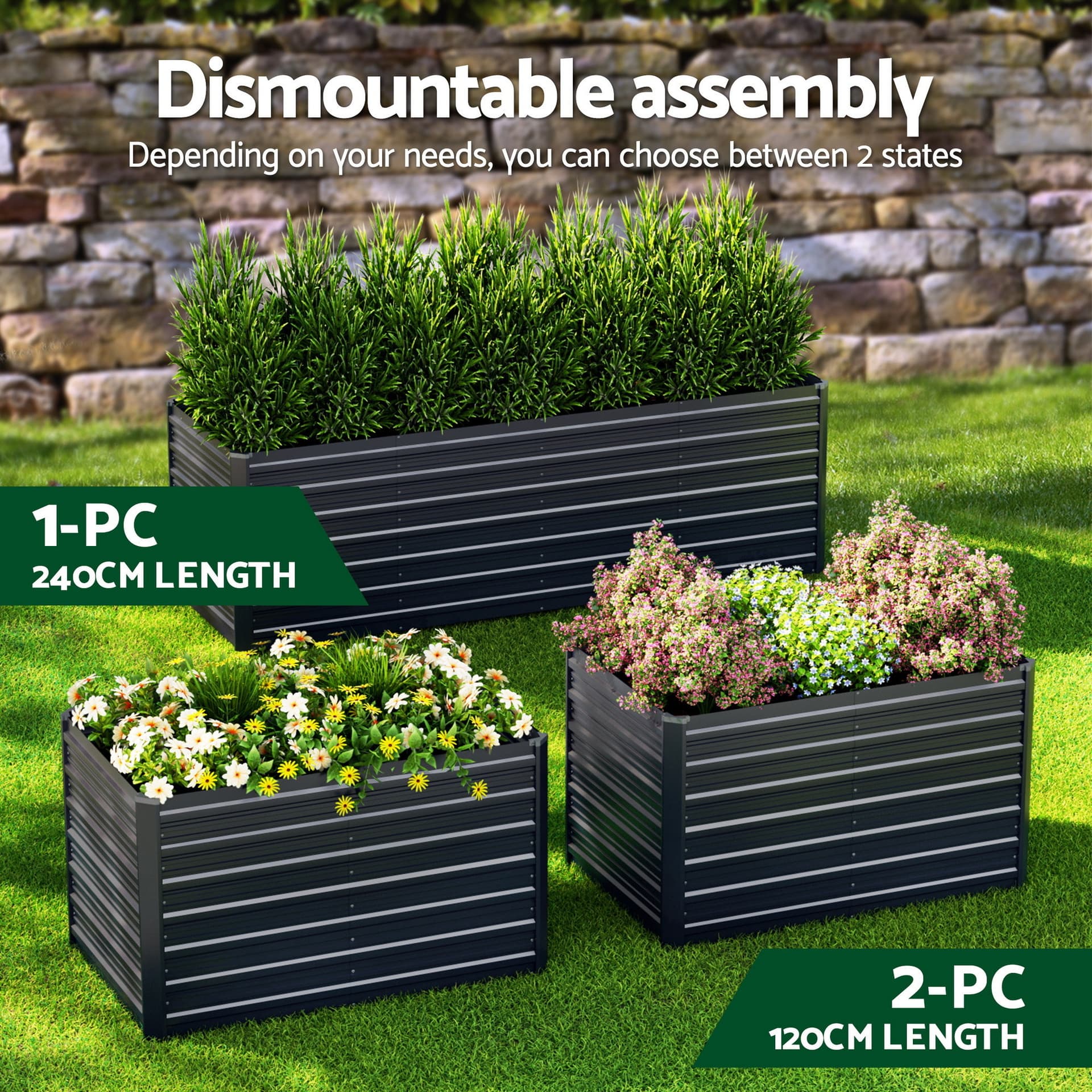 Raised Garden Bed Kit 2-in-1 Ergonomic 240cm Aluminium Grey Galvanised Steel Planter Box Extra Deep
