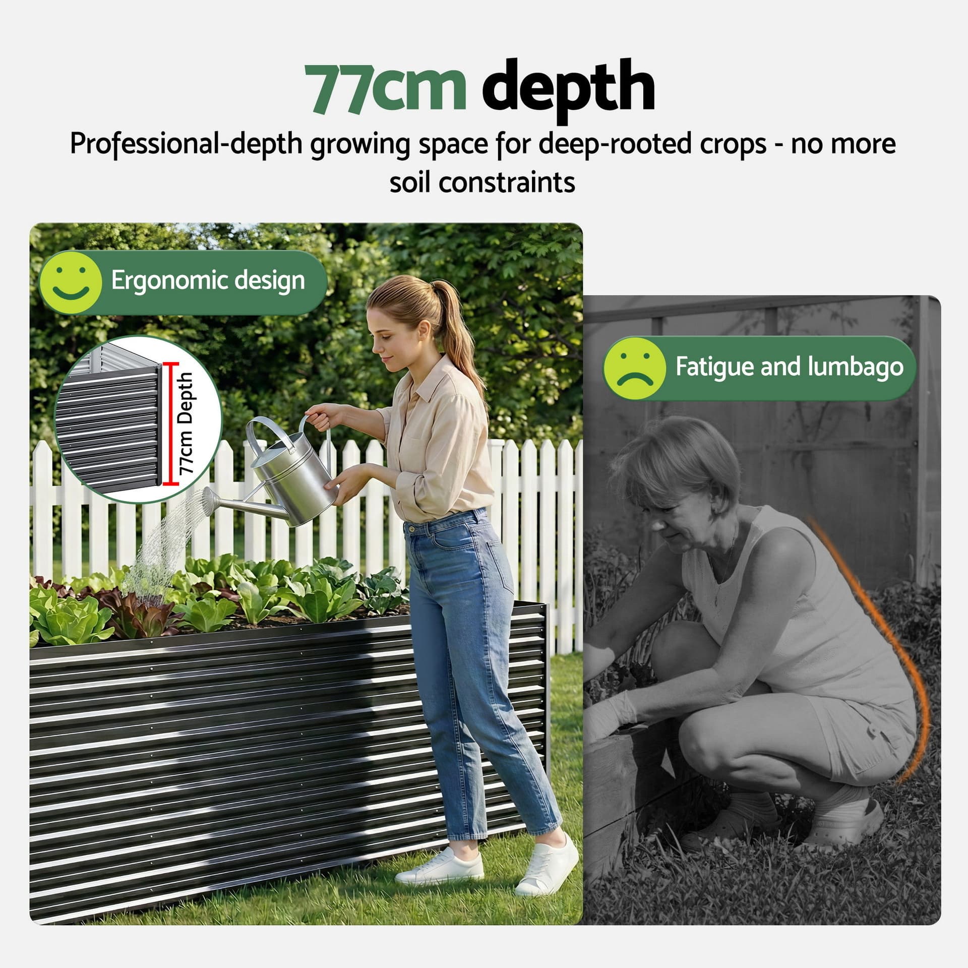 Raised Garden Bed Kit 2-in-1 Ergonomic 240cm Aluminium Grey Galvanised Steel Planter Box Extra Deep