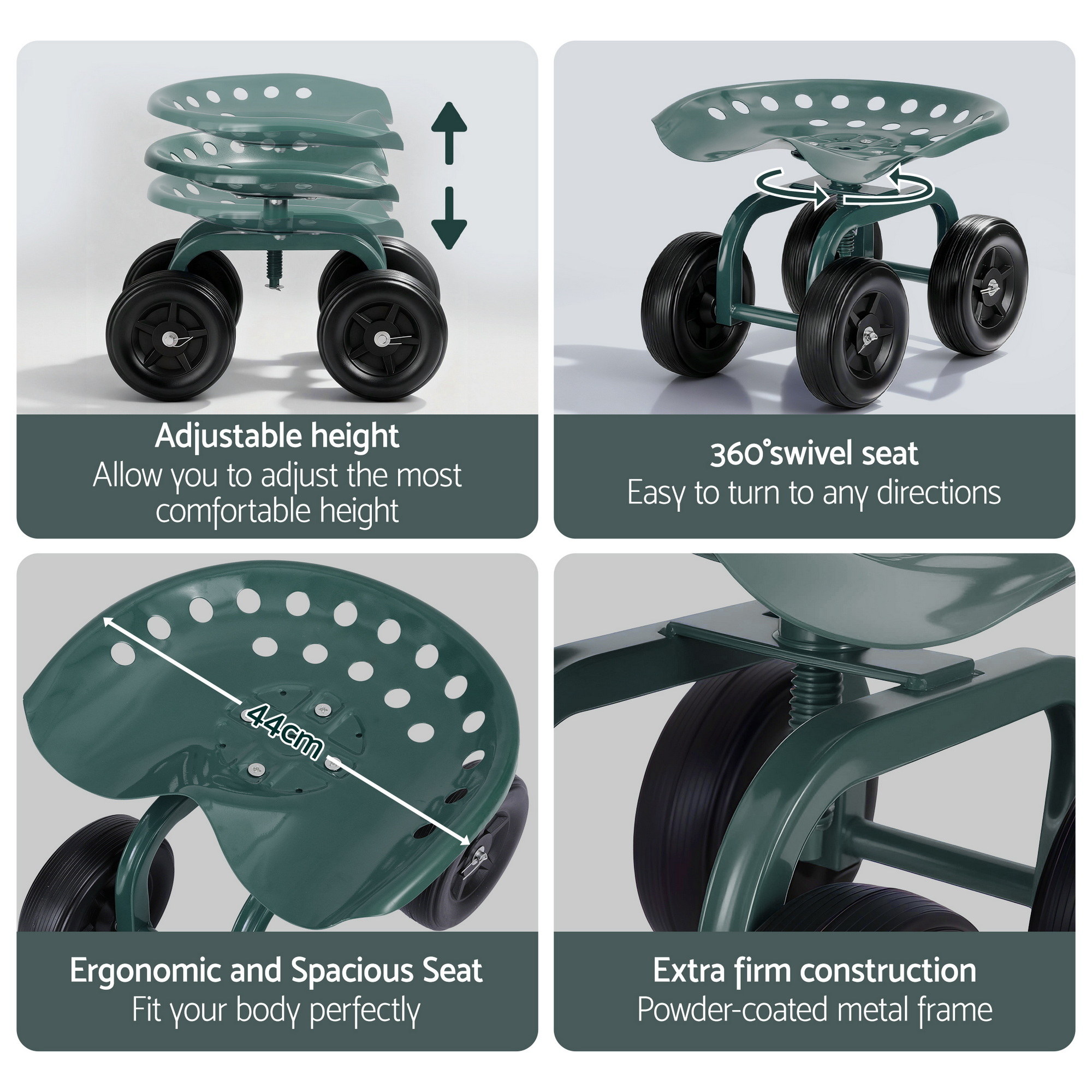 Gardeon Garden Seat 360 Swivel Rolling Adjustable Height Work Scooter Cart Wheels Heavy Duty 150kg