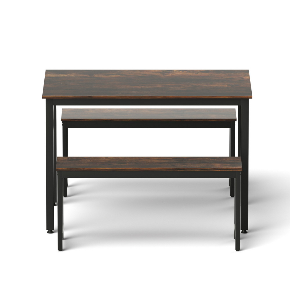 Artiss Dining Table and Chairs Set 3PCS Kitchen Metal Desk Bench Dark Walnut