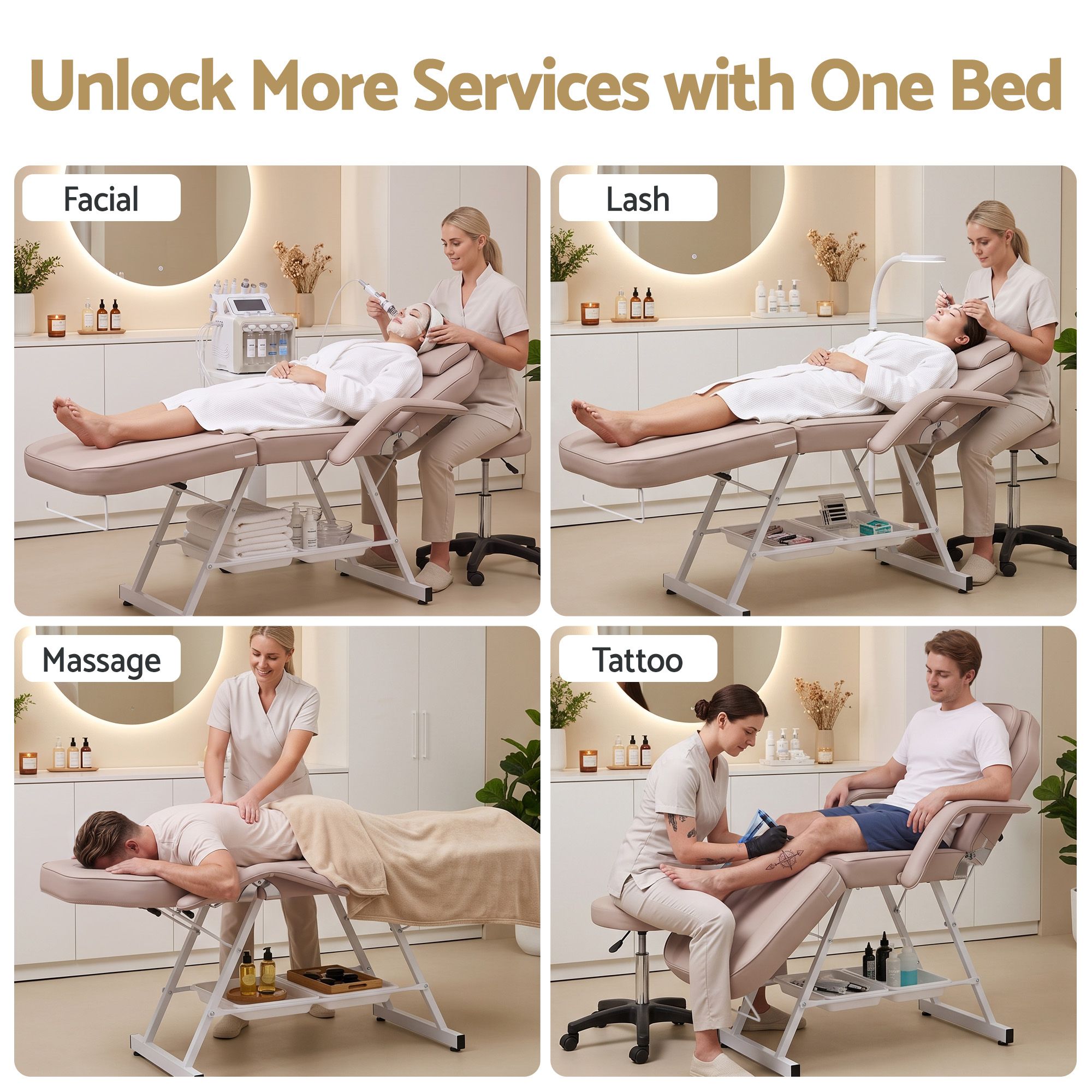 Zenses Beauty Bed with Stool, Beige, Adjustable Facial Massage Table, Tattoo Chair, Salon Services