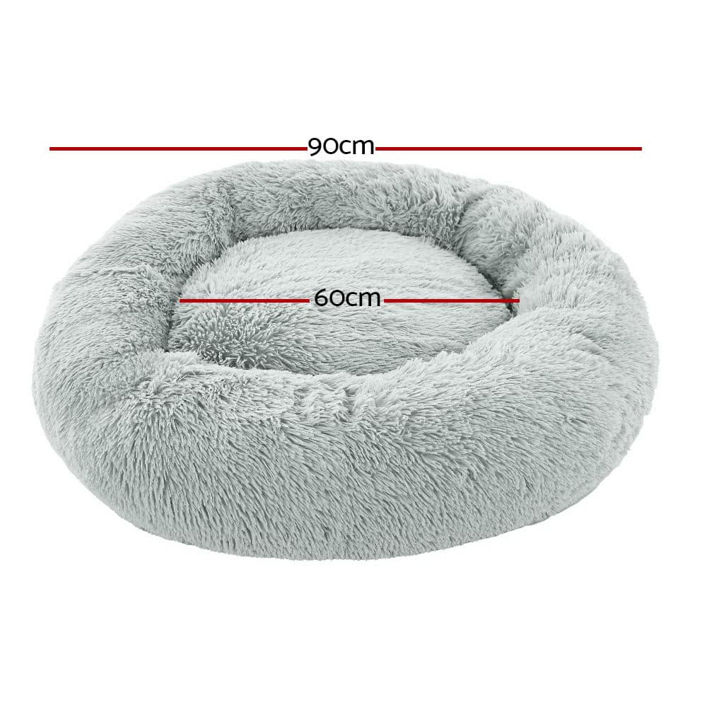 Pet Bed Large Calming Soft Plush 90cm Light Grey