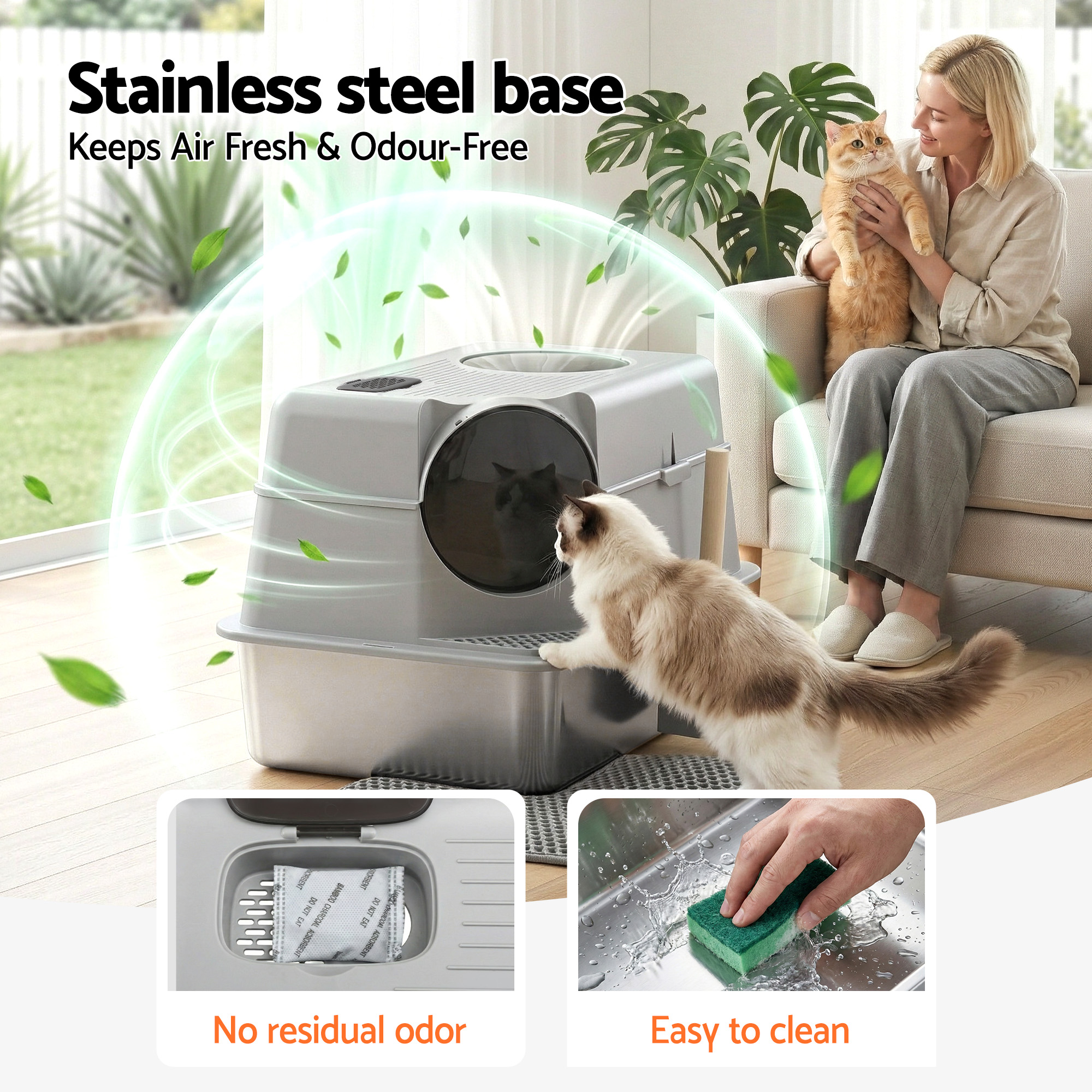 i.Pet Cat Litter Box Large Stainless Steel High Sided Pet Toilet Odour Control
