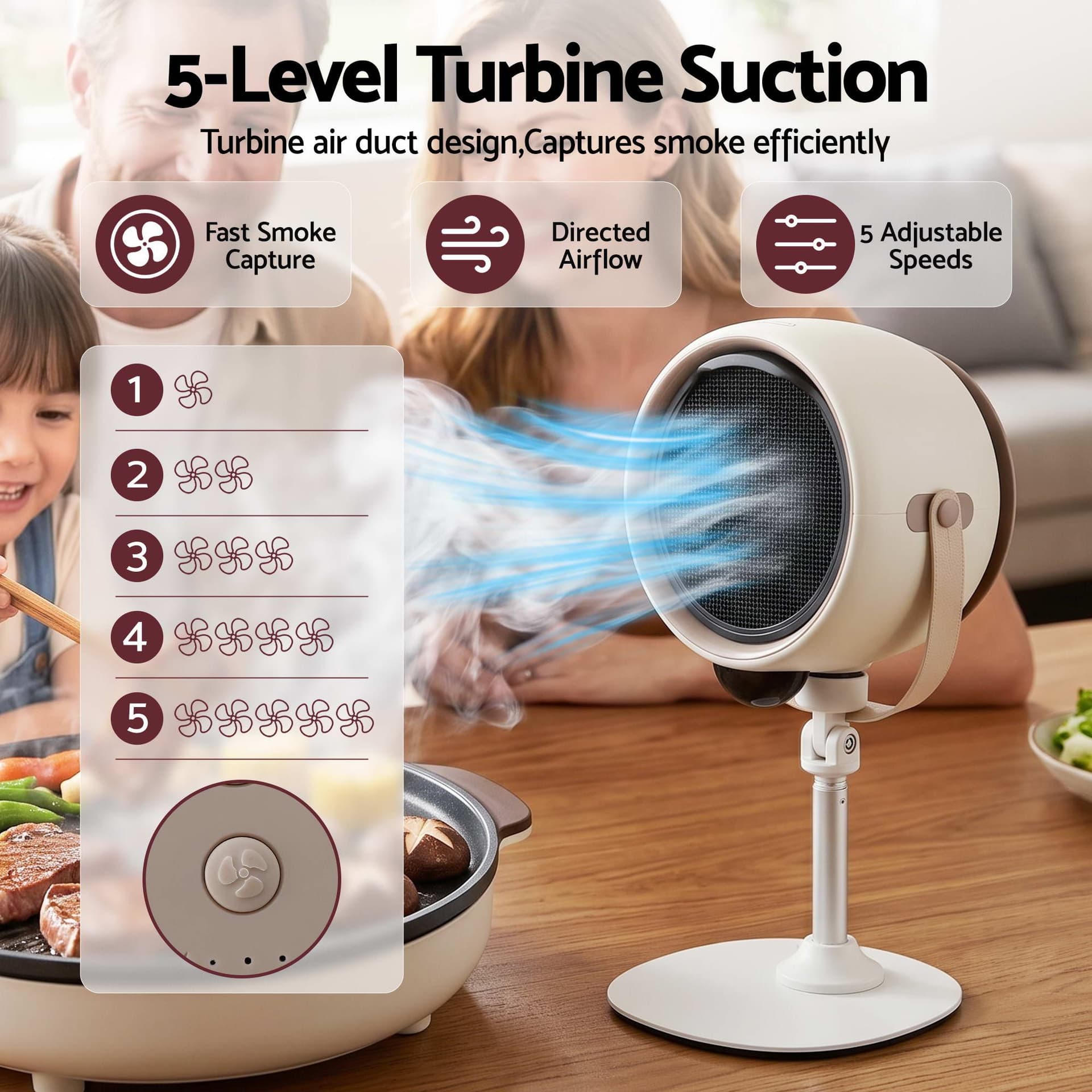 Portable Range Hood 5-Speed Turbine Fan Rechargeable Stainless Steel Filter
