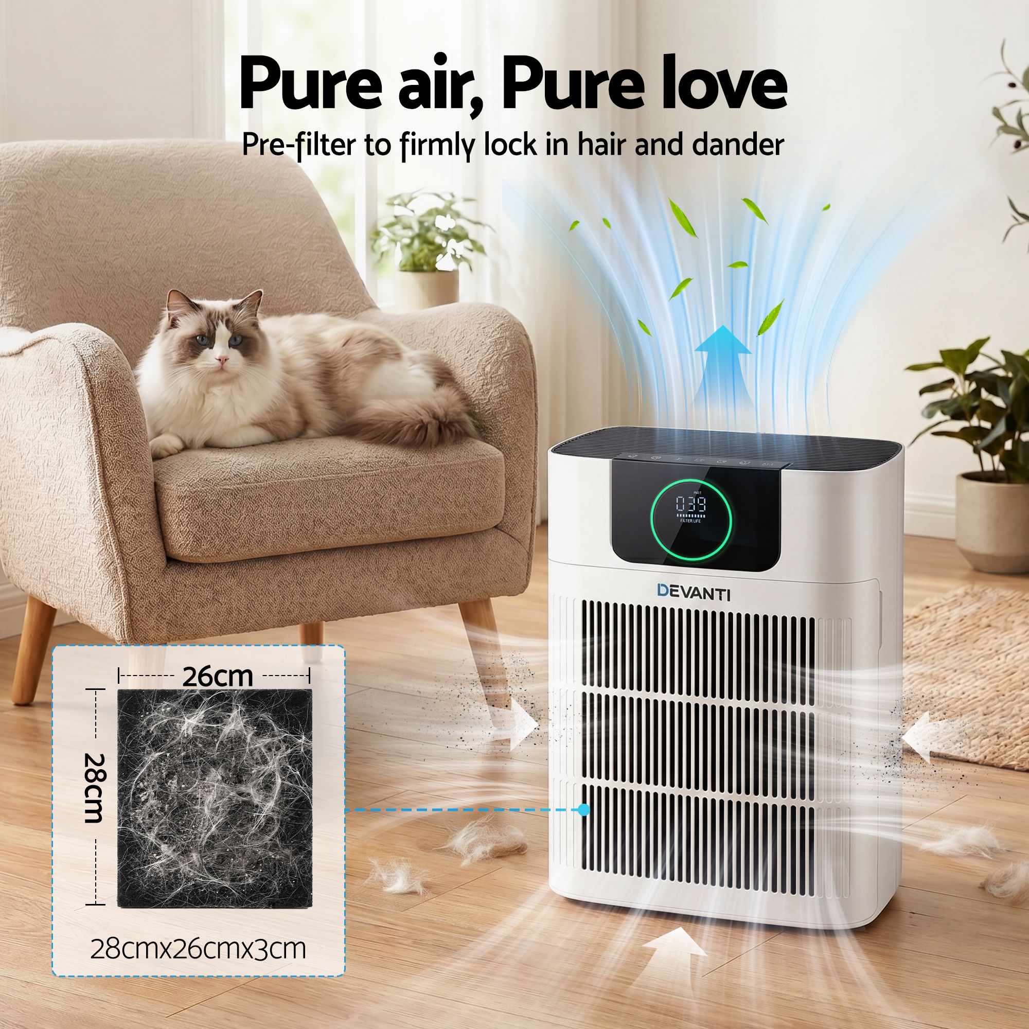 Devnati Pet Air Purifier 3 Stage HEPA Filter Cleaner PM25 Display Cat Dog Hair White