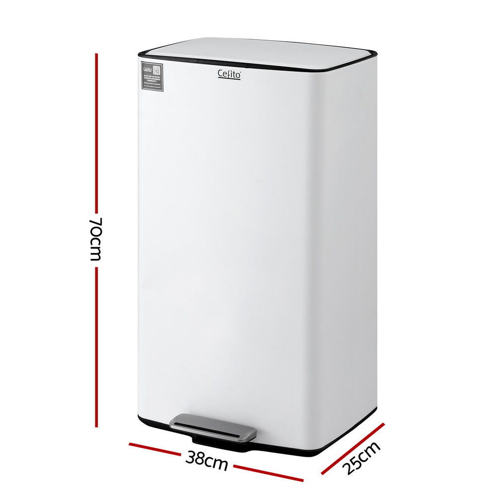 Cefito Pedal Bins Rubbish Bin Waste Recycle Dustbins Kitchen Trash Can 40L White