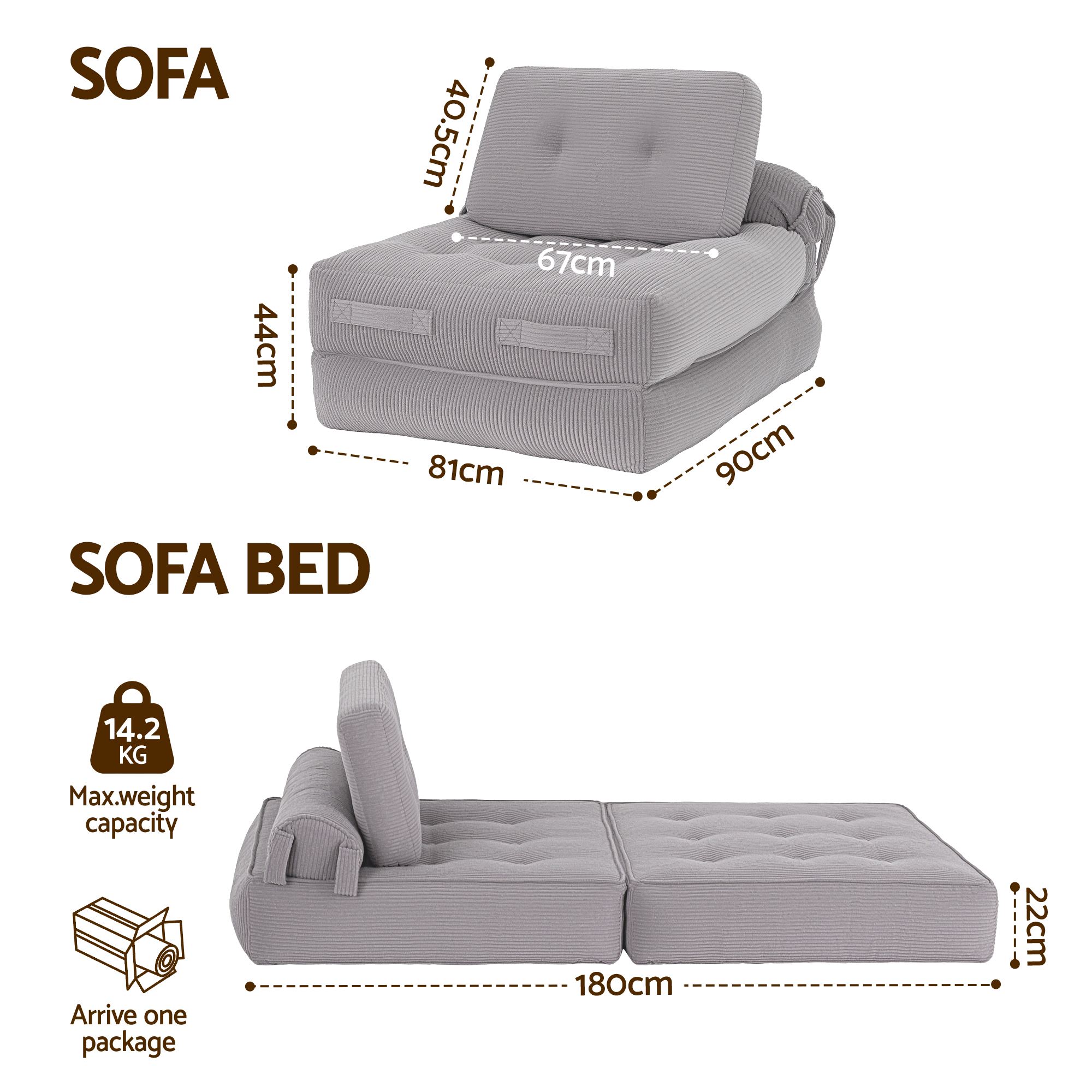 Artiss 1 Seater Corduroy Convertible Sofa Bed Pull Out Boneless Couch Grey
