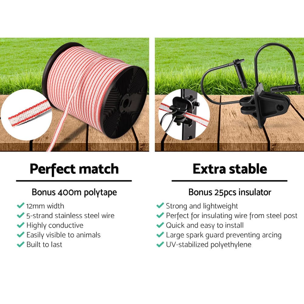 Electric Fence Energiser Solar Powered 3KM Compact Lightweight 400M Poly Tape Insulator