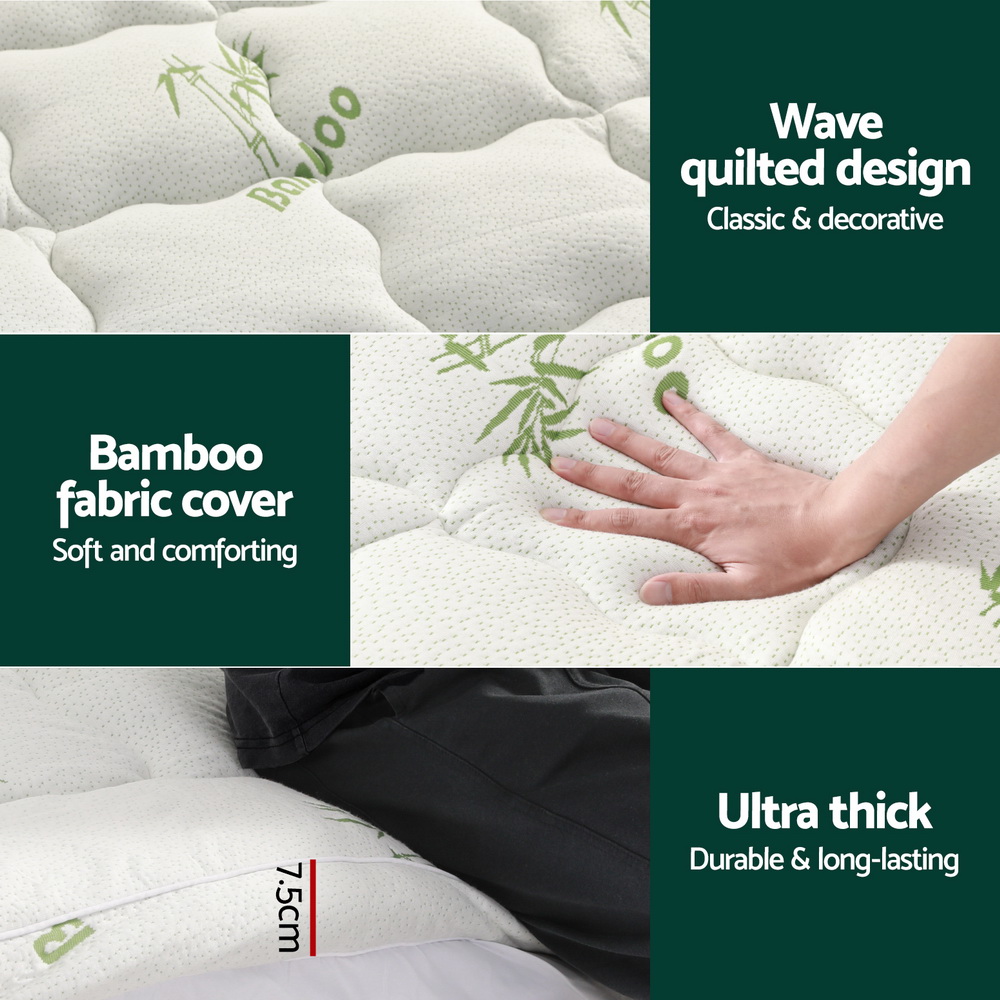 Giselle Bedding Pillowtop Mattress Topper 7.5cm Thick Bamboo Pad for Back Pain Relief Washable Skin-friendly Bed Protector with 45cm Deep Pocket Double
