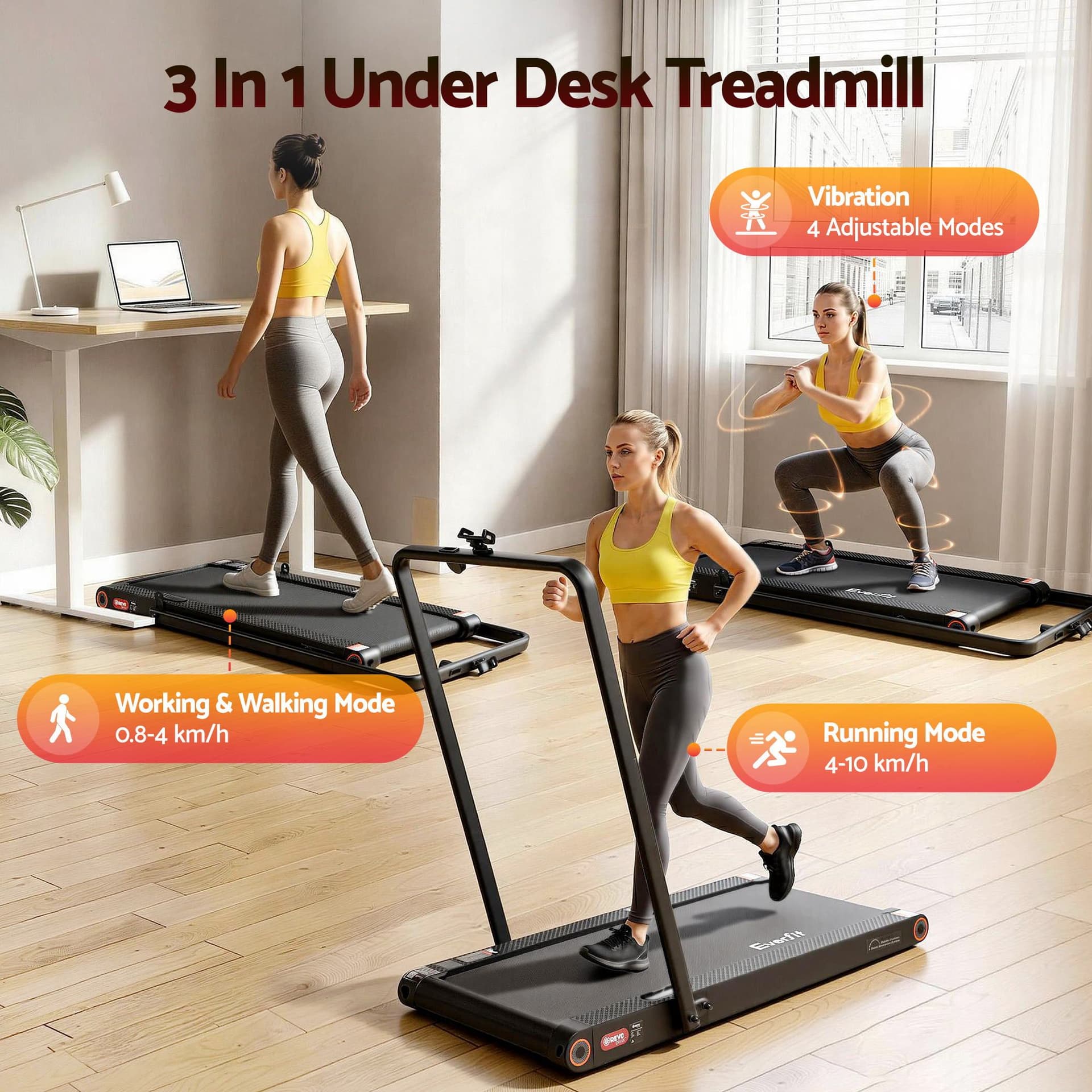 4 in 1 Treadmill Walking Pad Under Desk Compact Size Black