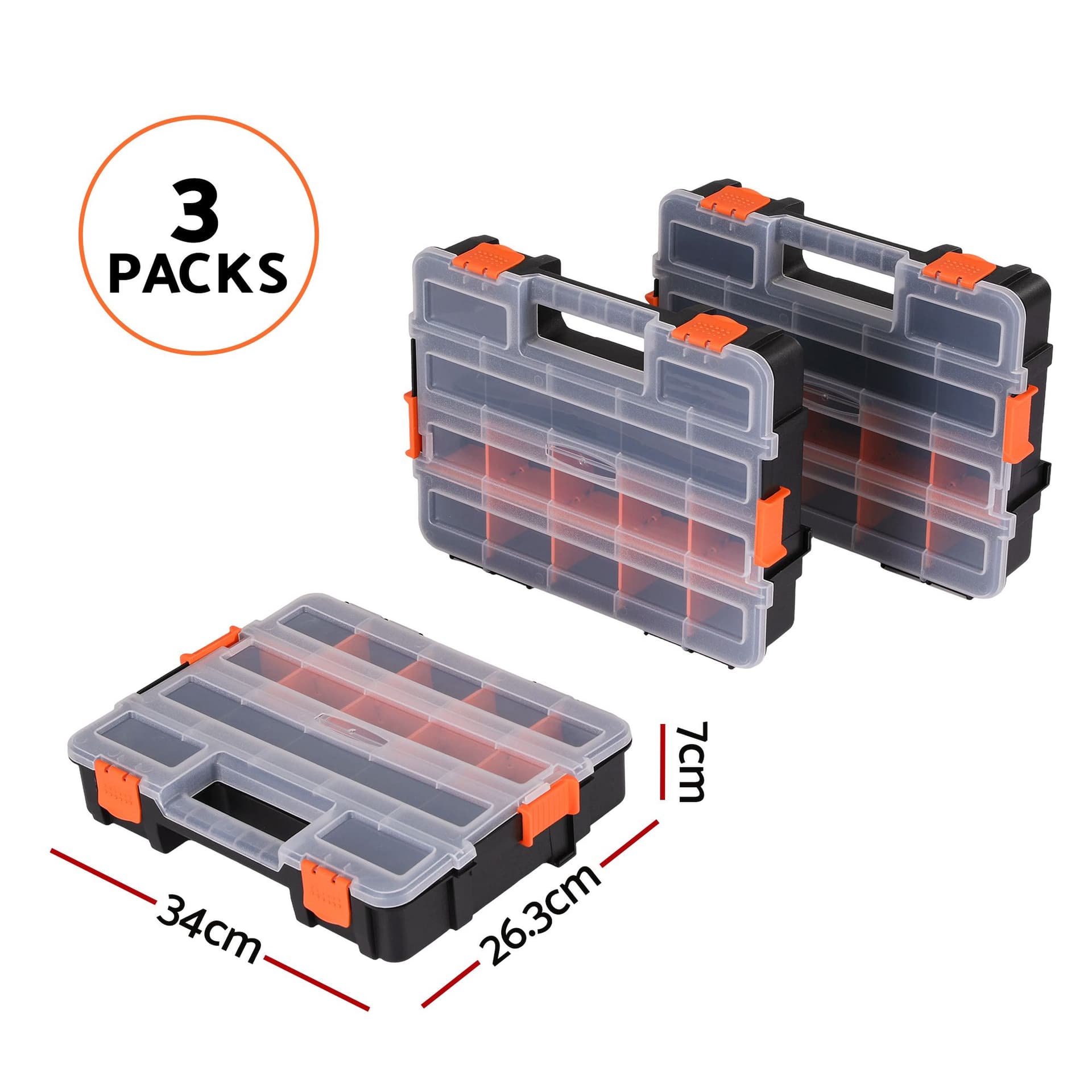 Tool Organizer 3 Pack Small Parts Storage Box with Flush-Fit Lid Custom Compartments Clear Visual Cover Heavy-Duty PP Black and Orange