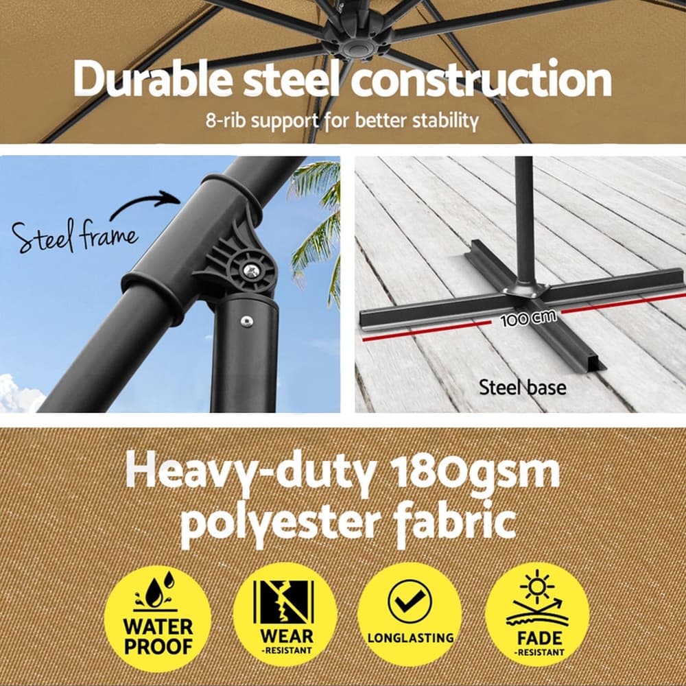 Outdoor Umbrella UV50+ 3m Octagonal Canopy Beige Steel Frame