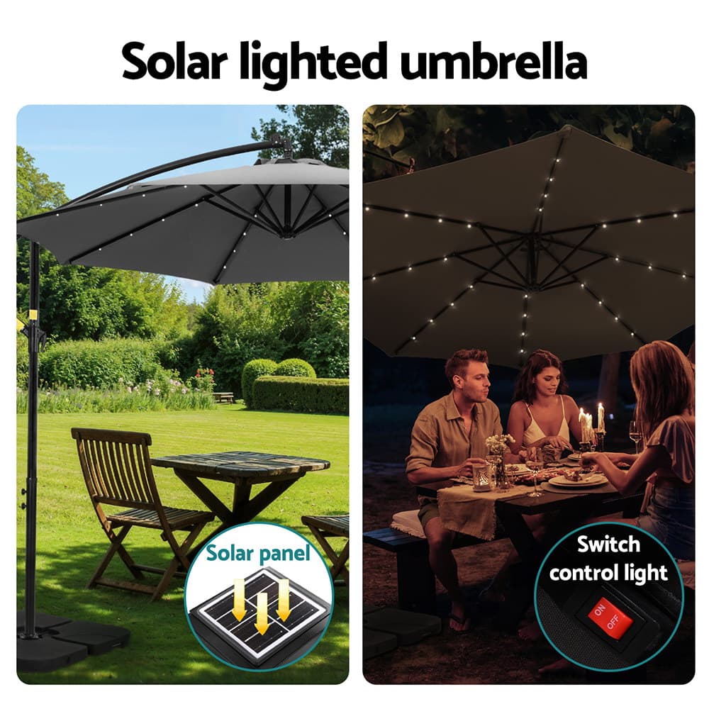 Outdoor Umbrella 3M Cantilever Solar-Powered LED Charcoal