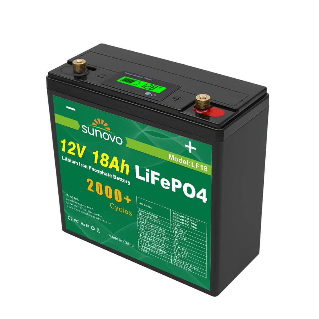 Deep Cycle Battery Lithium Iron Phosphate 12V 18Ah Rechargeable Lightweight