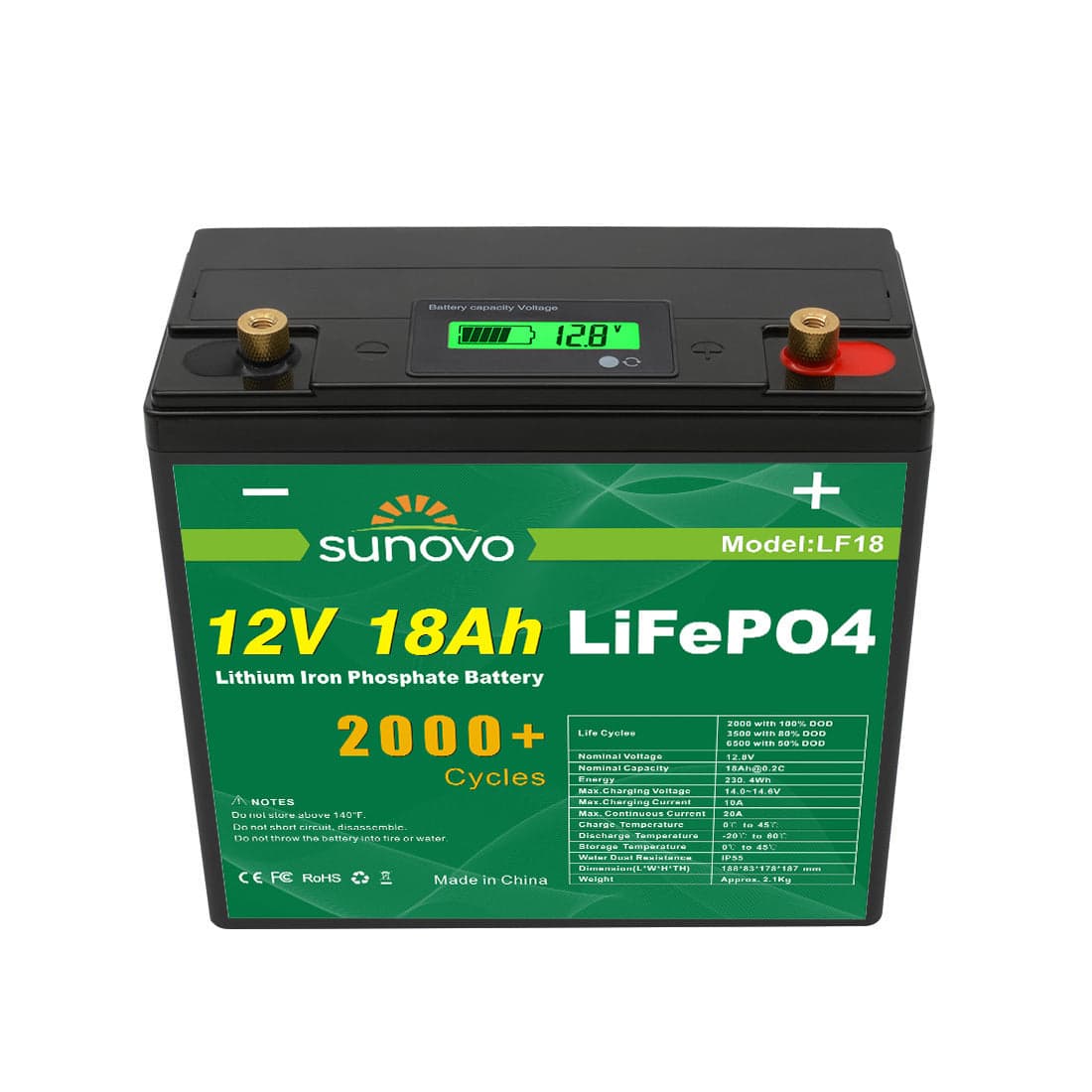Deep Cycle Battery Lithium Iron Phosphate 12V 18Ah Rechargeable Lightweight
