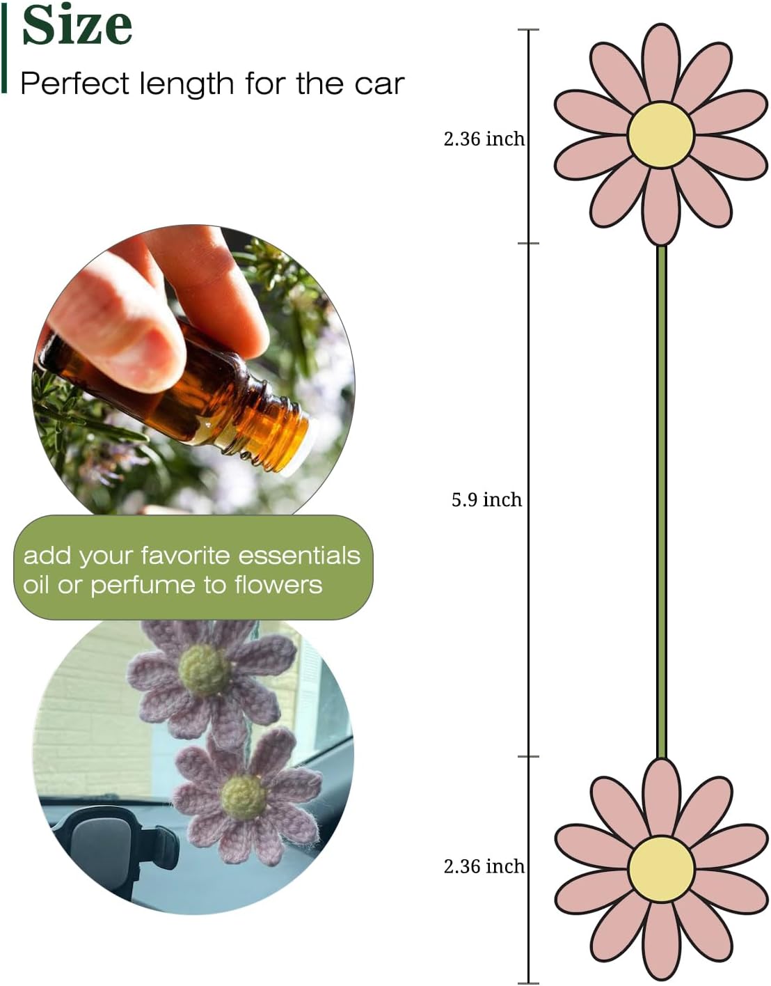 Women's Crochet Daisies Car Accessories Cute Rearview Mirror Pendants Handmade Daisy Flower Gifts Crochet Lovers Car Decoration Car Interior Aesthetics (Pink)