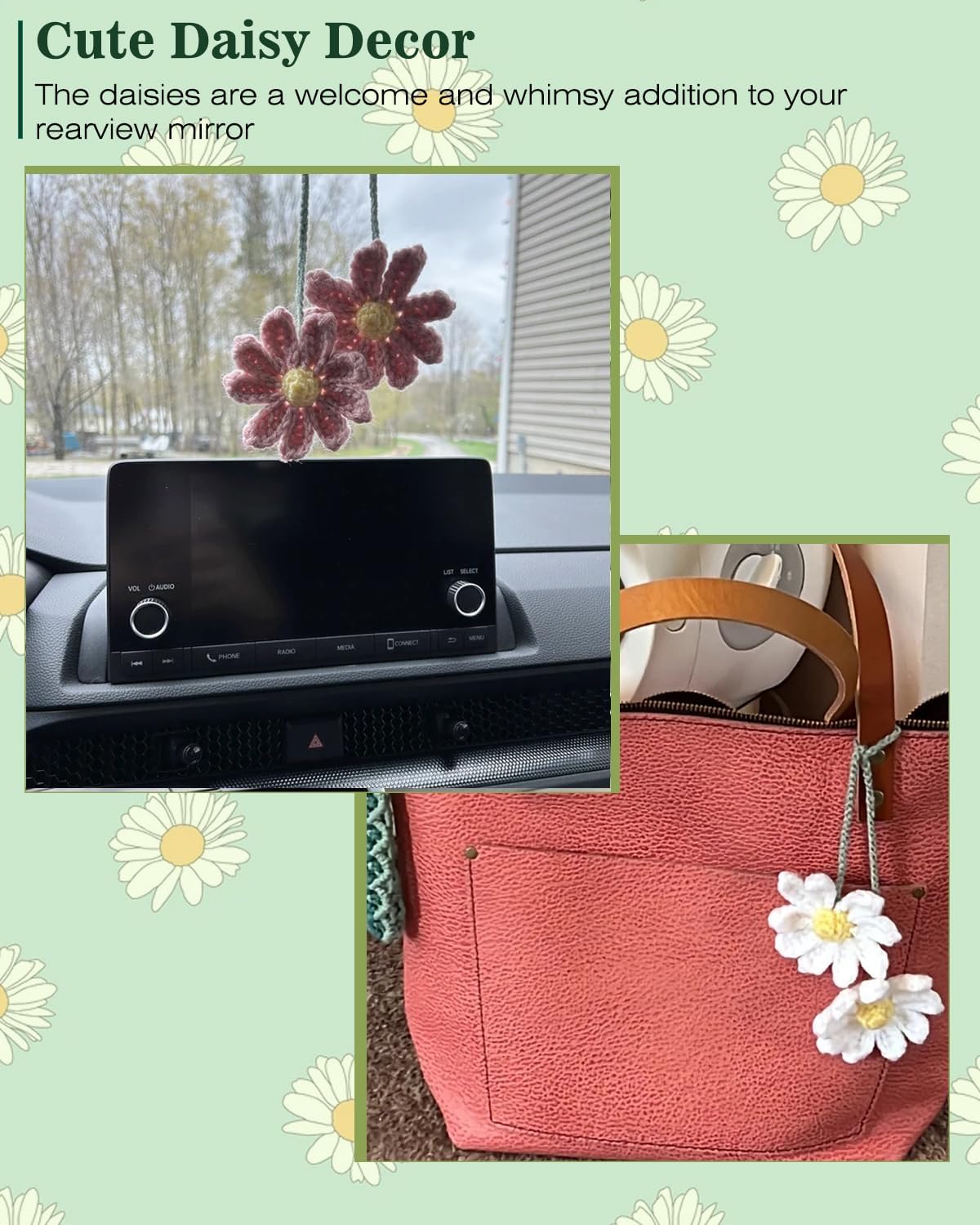 Women's Crochet Daisies Car Accessories Cute Rearview Mirror Pendants Handmade Daisy Flower Gifts Crochet Lovers Car Decoration Car Interior Aesthetics (Pink)