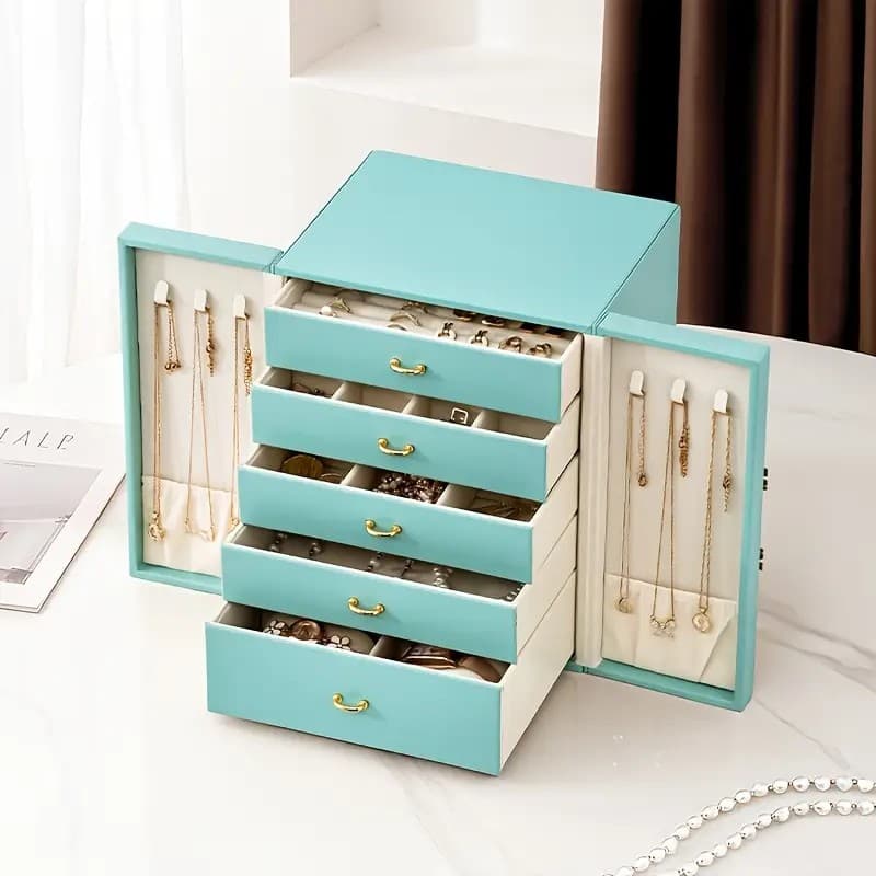Faux Leather Jewelry Storage Box Dual-Door Design 1 Large Blue with 5 Drawers and Gold Handles