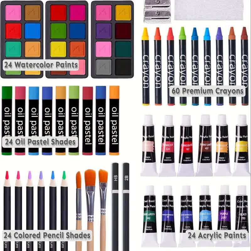 Cherry red 175-Piece Deluxe Art Set with 2 Drawing Boards, Wax Crayons, Acrylic Paints, Colored Pencils, Wooden Storage Case – Professional Painting Kit, Art Supplies, Ideal Gift for Christmas, Halloween, and Back-to-School Season