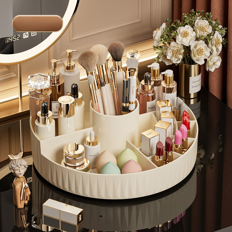 Rotatable Luxury Cosmetic Organizer Desk Large Capacity Skincare Storage Shelf Vanity Tidy Tray Cosmetic Storage Box（white）