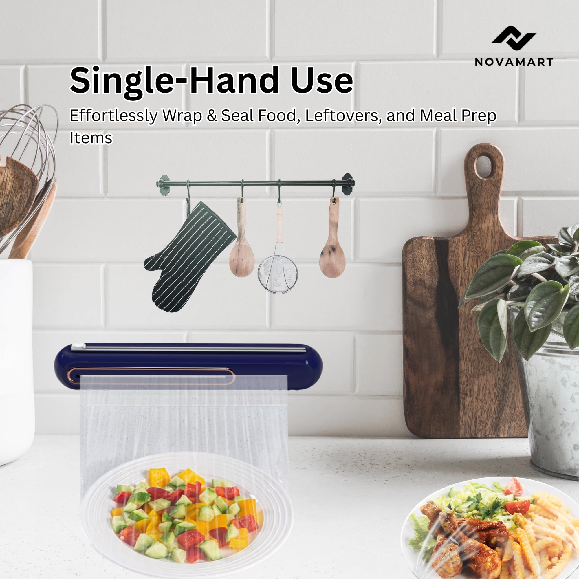 Suction-Mount Cling Film Dispenser: Compact Kitchen Organizer with Built-In Cutter for Food Wrap Storage (Blue) | Other colors available in store