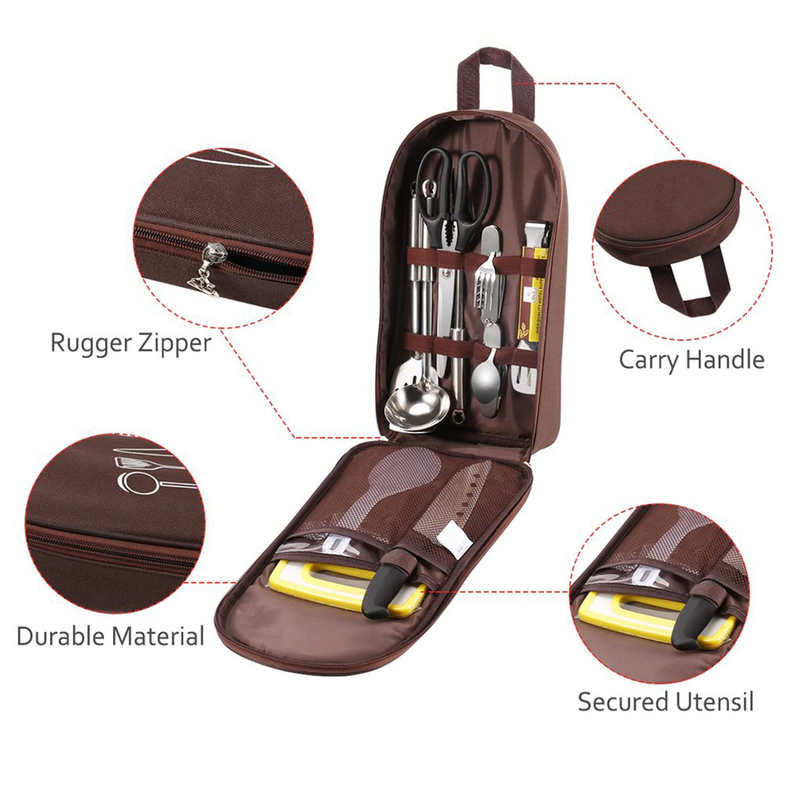 Multi-Functional Outdoor Kitchen Utensil Organizer – Durable Travel Storage Bag with Elastic Straps, Mesh Pockets & Carry Handle, Compact Size (Brown)