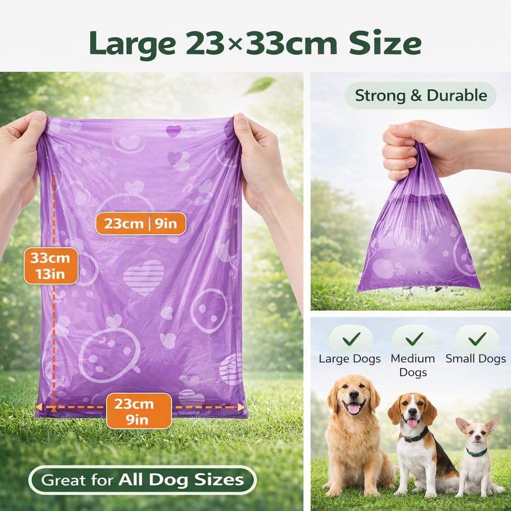 Dog Poop Bags with Dispenser – 300 Count, Leak-Proof, Strawberry Scented, Large Size for All Dogs, Biodegradable & Durable (Purple)