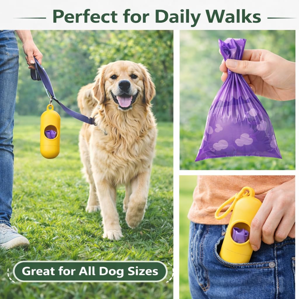 Dog Poop Bags with Dispenser – 300 Count, Leak-Proof, Strawberry Scented, Large Size for All Dogs, Biodegradable & Durable (Purple)