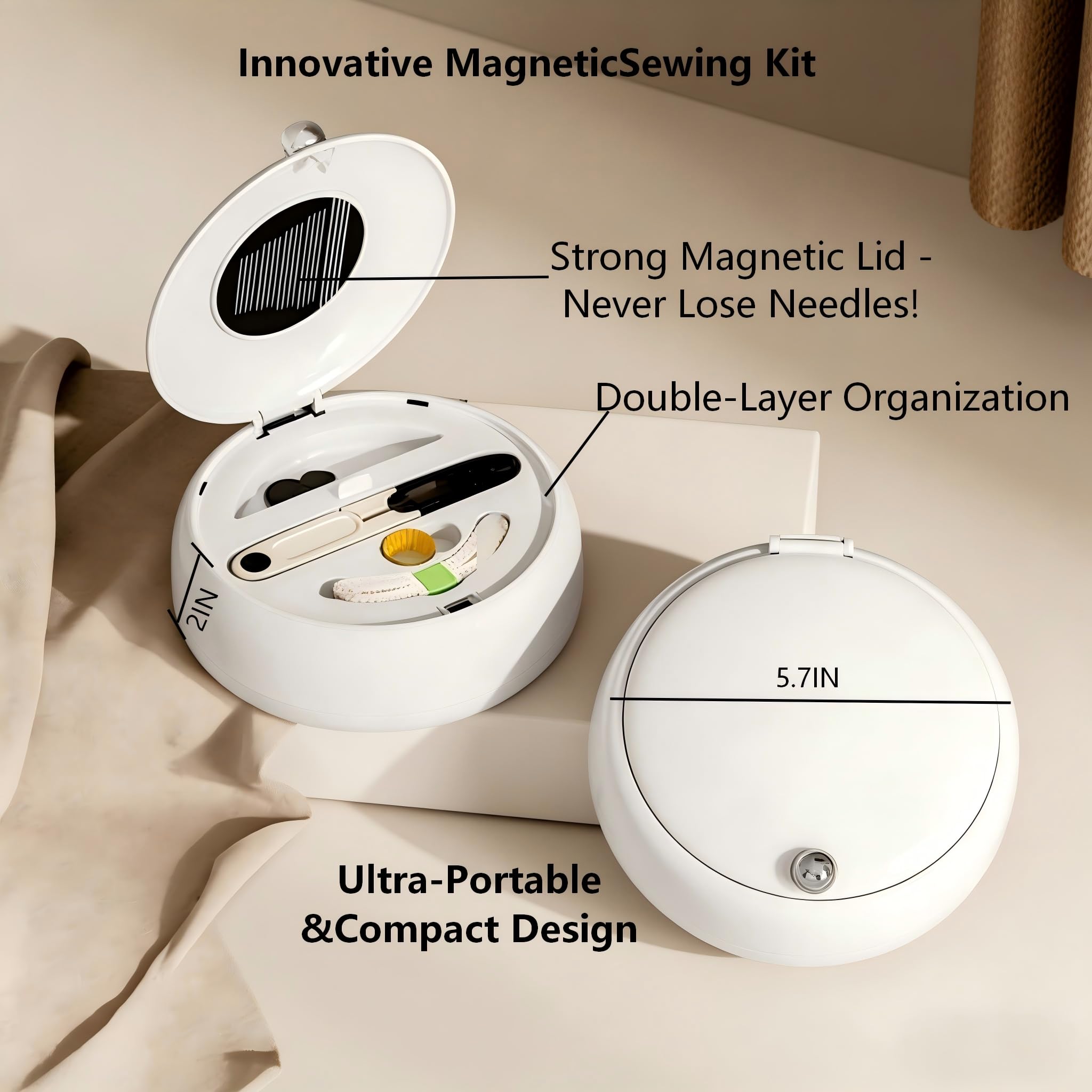 Modern Magnetic Sewing Kit – Compact Travel Sewing Box with Strong Magnetic Lid, 16-Thread Spools & Tools, Portable Needle Organizer for Home & On-the-Go Use (White)