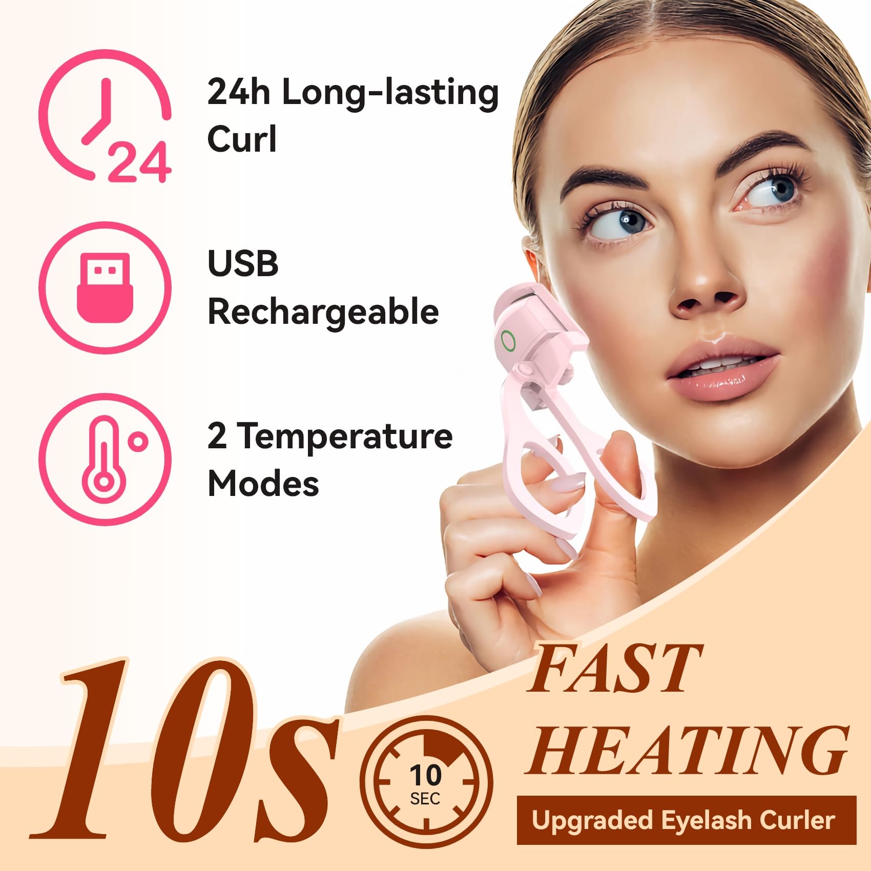 Electric Heated Eyelash Curler – 24H Long-Lasting Curl, USB Rechargeable, Dual Temperature Modes, Fast Heating in 10 Seconds, Portable & Lightweight (Pink)