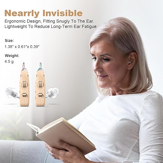 Rechargeable Behind-the-Ear Hearing Aids with Charging Case – Lightweight & Invisible Sound Amplifier for Seniors (Black Case, Skin Tone Device)