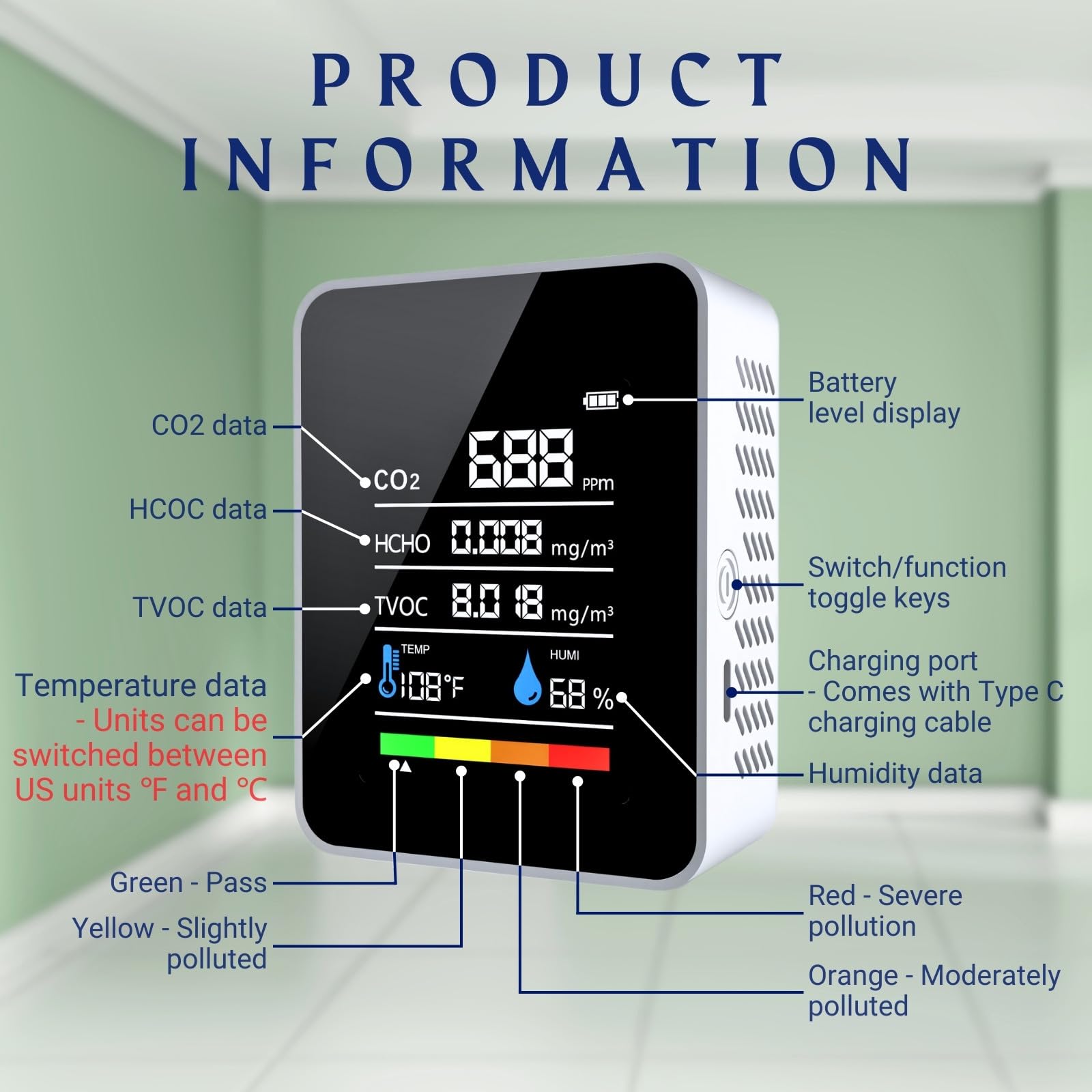 5-in-1 Air Quality Monitor – Real-Time CO₂, Formaldehyde (HCHO), TVOC, Temperature & Humidity Detector with Color LCD, Auto-Calibration, USB-C Charging, Wall-Mountable Design for Home, Office, School, Car; Compact & Smart (White)
