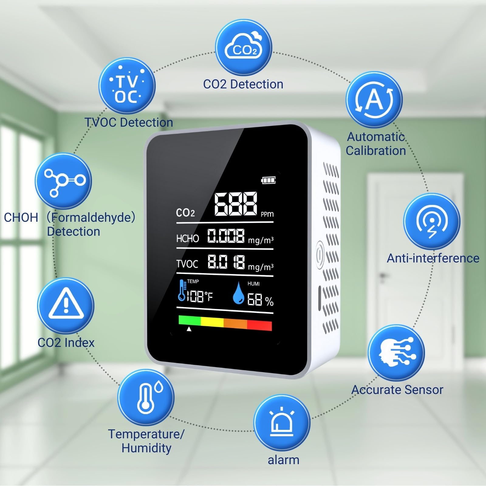 5-in-1 Air Quality Monitor – Real-Time CO₂, Formaldehyde (HCHO), TVOC, Temperature & Humidity Detector with Color LCD, Auto-Calibration, USB-C Charging, Wall-Mountable Design for Home, Office, School, Car; Compact & Smart (White)