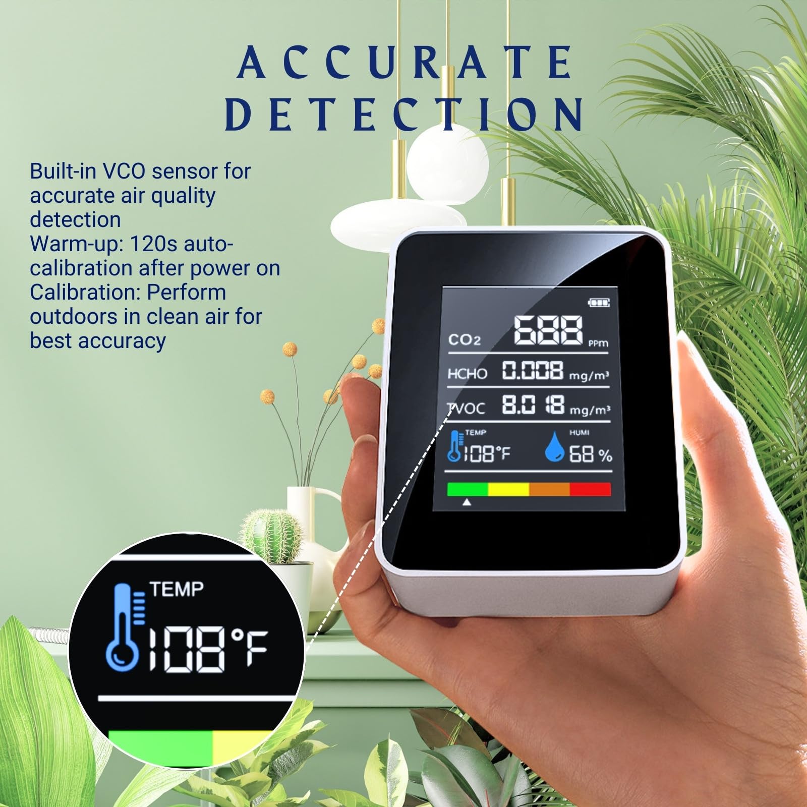 5-in-1 Air Quality Monitor – Real-Time CO₂, Formaldehyde (HCHO), TVOC, Temperature & Humidity Detector with Color LCD, Auto-Calibration, USB-C Charging, Wall-Mountable Design for Home, Office, School, Car; Compact & Smart (White)