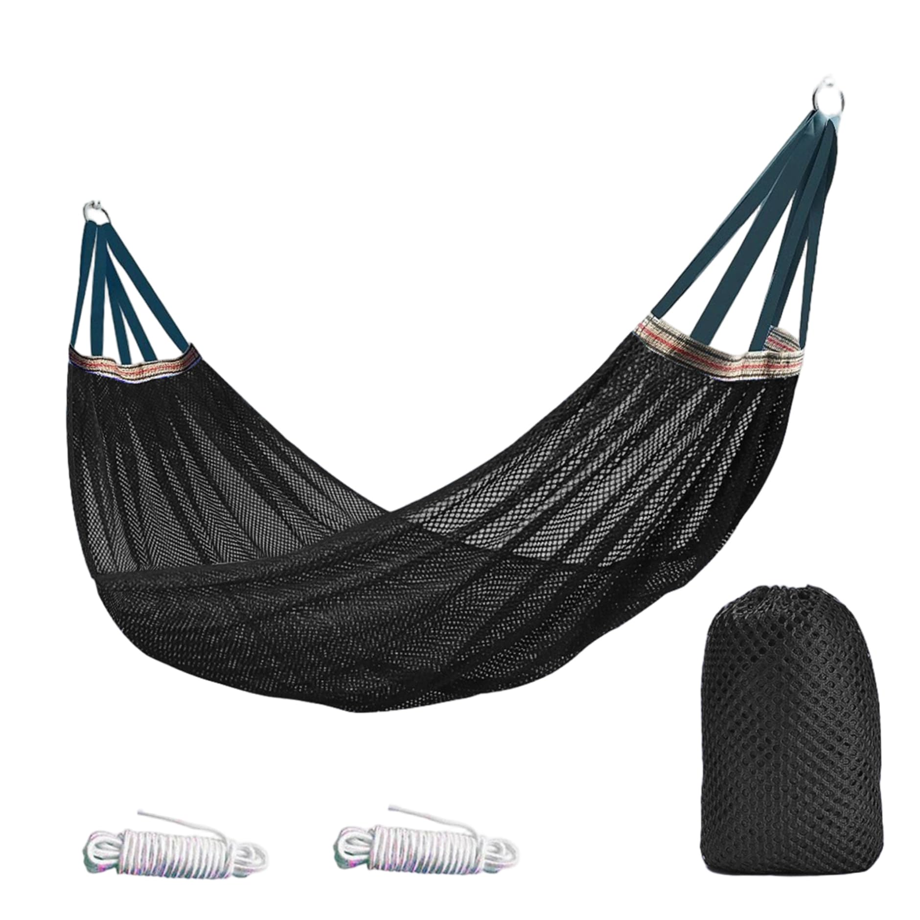Outdoor Nylon Hammock with Tree Straps – Portable Mesh Hanging Bed for Camping, Beach, Garden, Lightweight & Durable Swing Chair (Black)