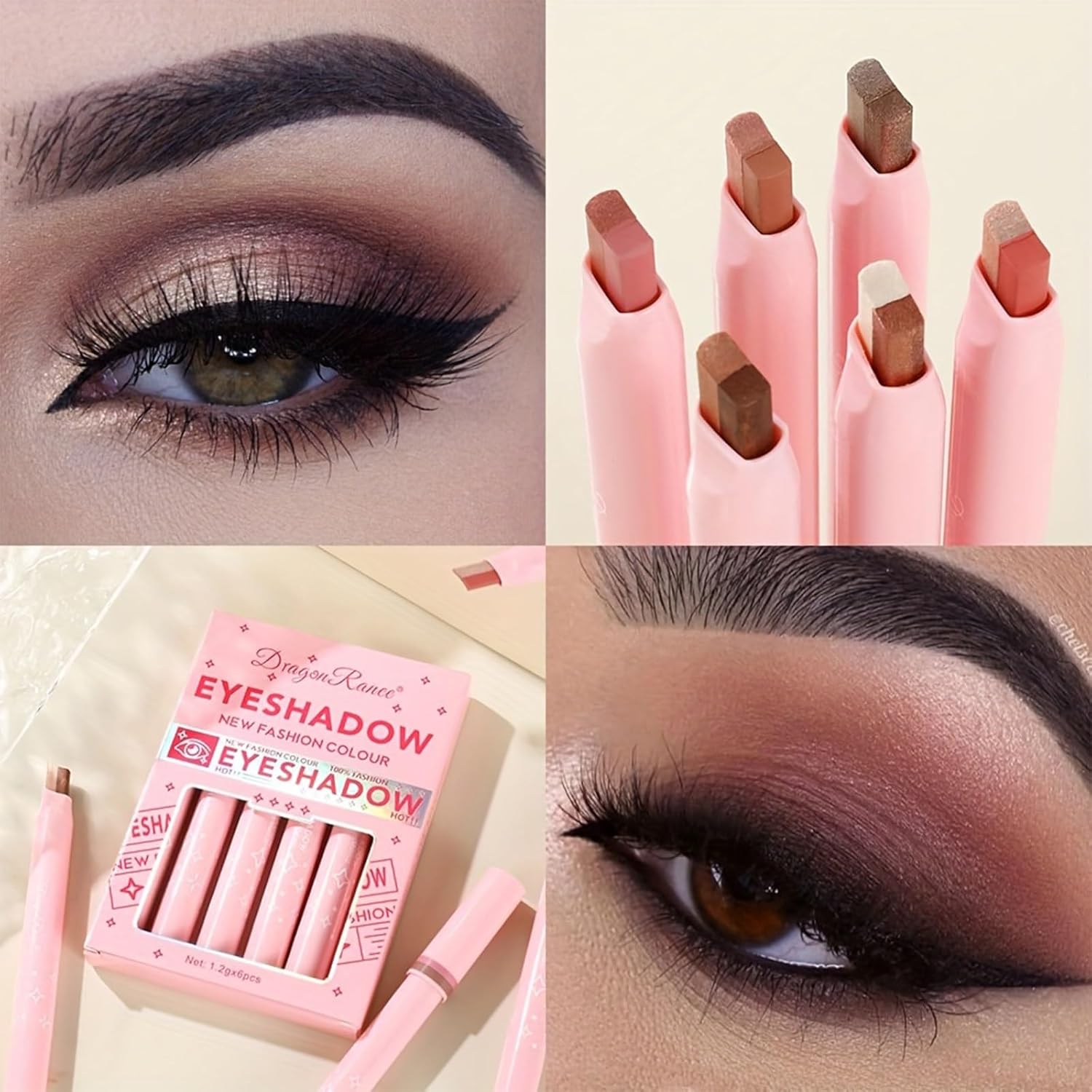 6-Pack Dual-Tone Eyeshadow Pencils – Slide-Up Stick Design with 2-Color Gradient Tips, Waterproof & Long-Lasting, Glitter + Matte Finishes, Easy One-Stroke Application, Travel-Friendly Set for Eyes & Inner Corner Highlight (Pink)