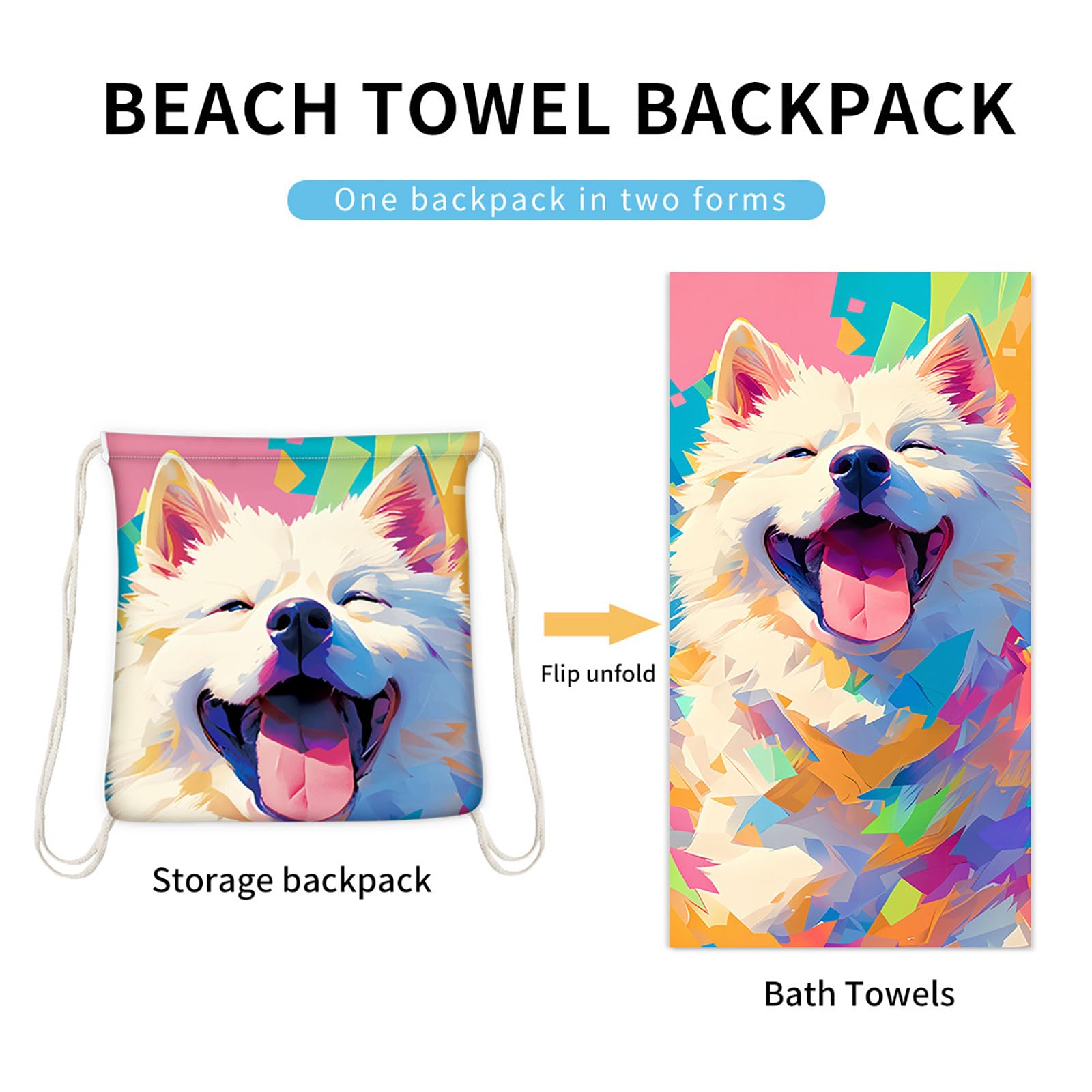 Dual-Function Foldable Beach Towel with Built-in Backpack – Soft Microfiber Towel & Compact Carry Bag in One, 55-Inch Large Size for Swimming, Travel, Picnic (Polar bear,Colorful)