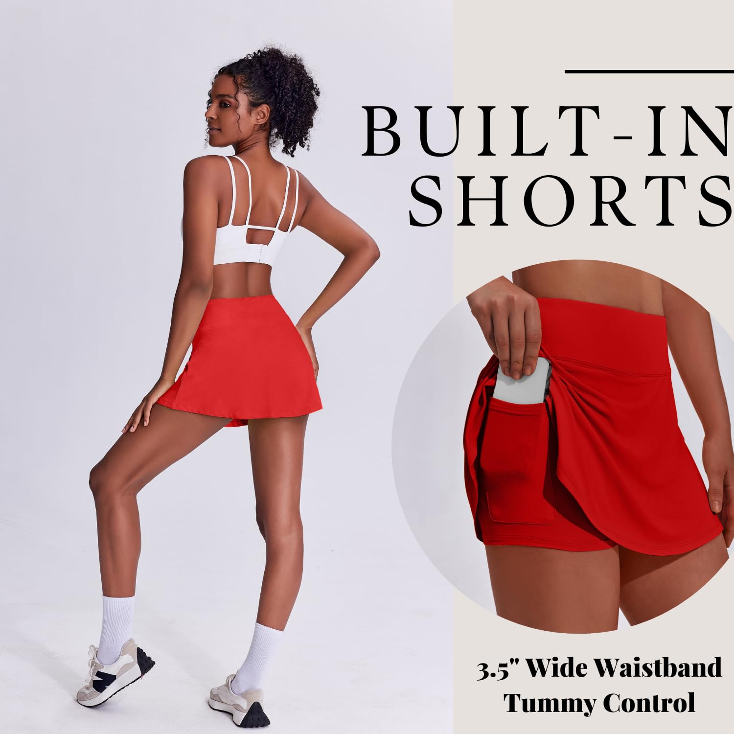 Women's Tennis Skirt with Pockets & Built-in Shorts – High-Waisted Golf Running Skort for Active Lifestyle, Sporty Fitness Wear (Red,S)