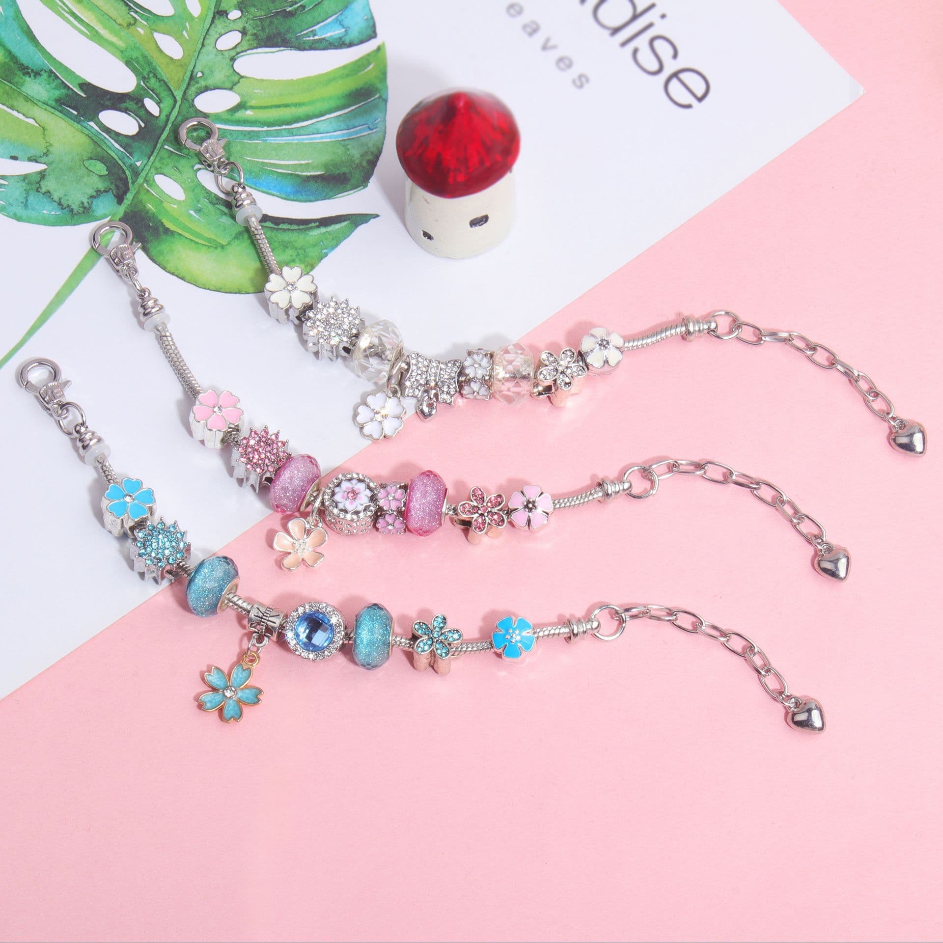 Alloy Bracelet Adjustable 16-21cm Rhinestone Glass Beads White Magnolia Pendant