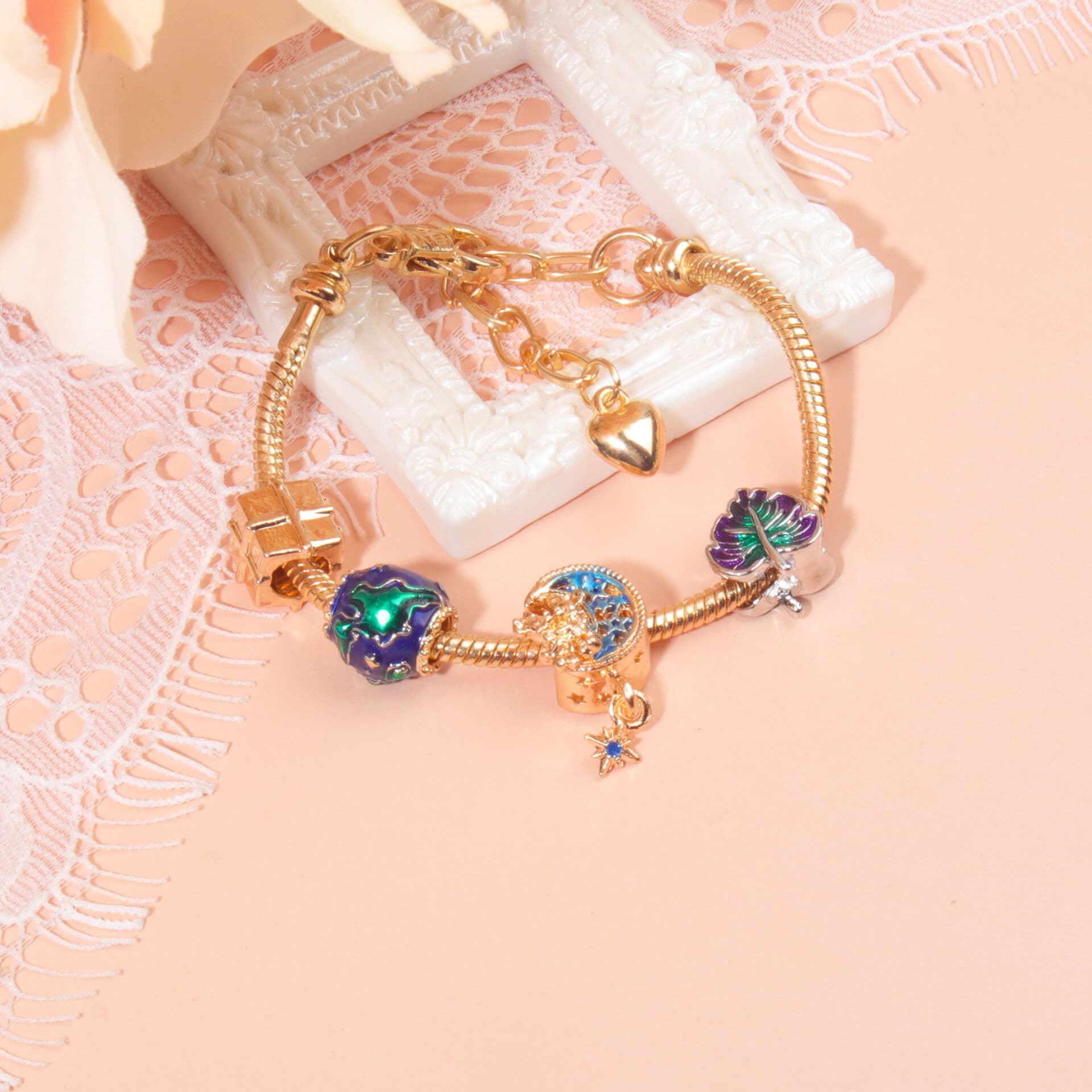 Gold Bracelet Colorful Leaf Moon Star Pendant 16-21cm Unisex