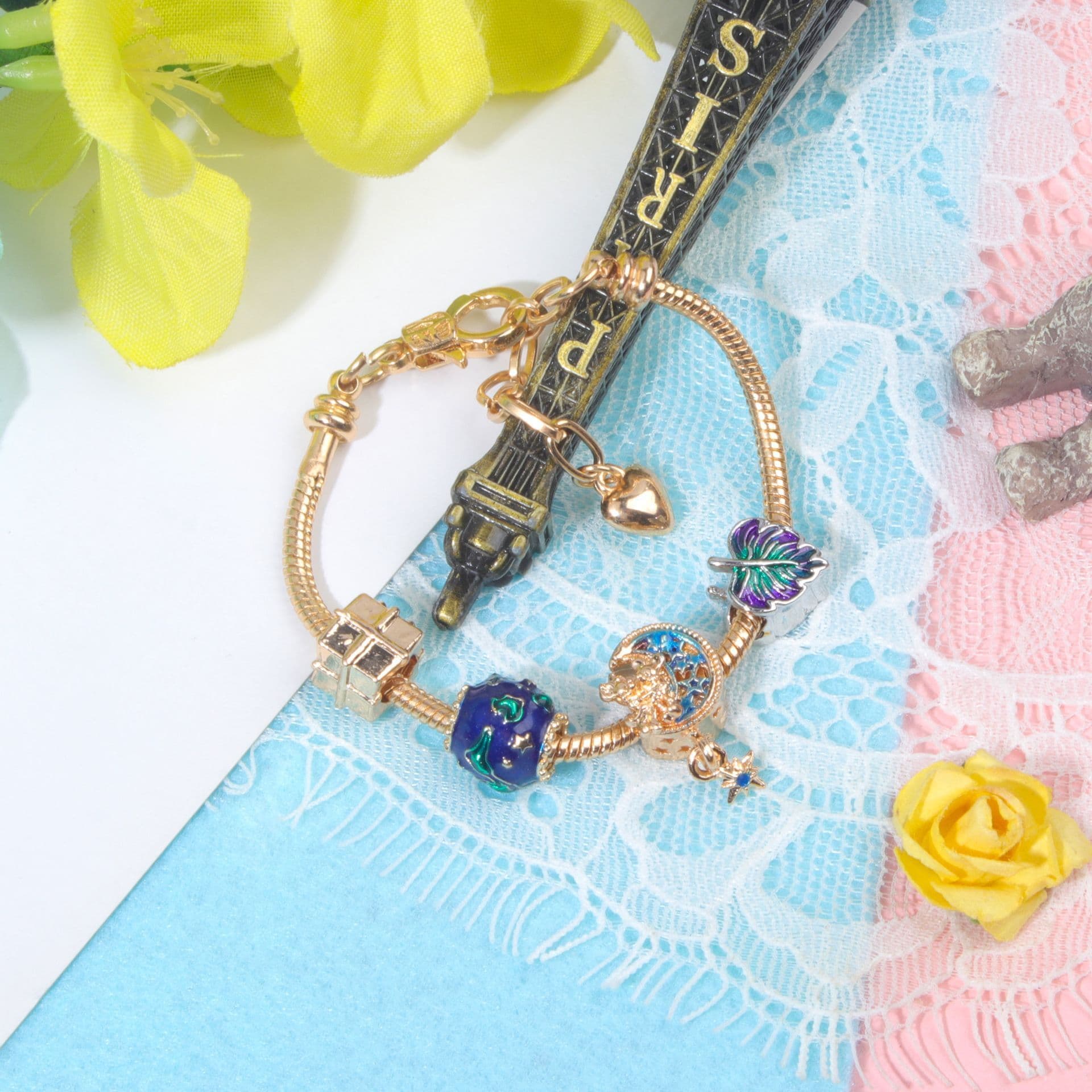 Gold Bracelet Colorful Leaf Moon Star Pendant 16-21cm Unisex